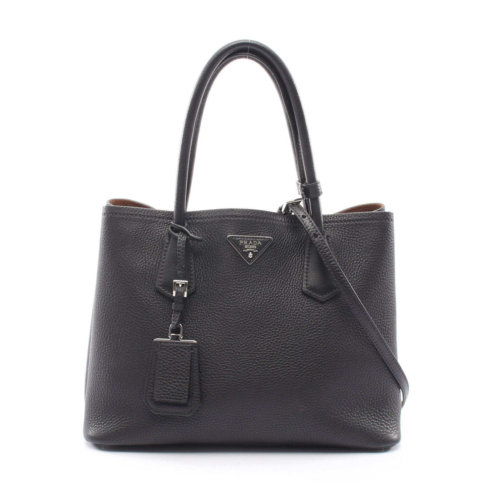 Prada Triangle Logo 2Way Tote Black: Black triangle logo 2WAY handbag tote in leather. Accessories: shoulder strap, name tag. Size: H24 x W31-34 x D15 cm; handle 43 cm; strap 118-128 cm.
