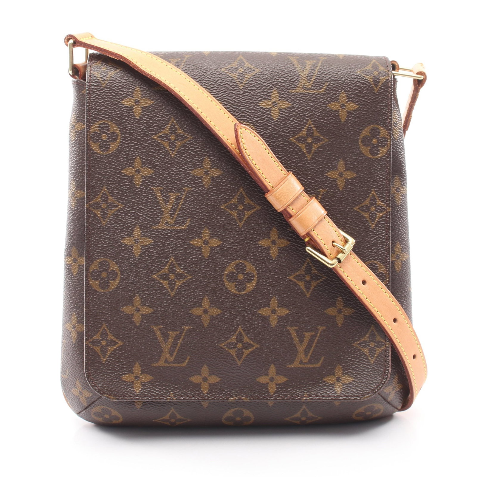 Louis Vuitton Musette Salsa Short Monogram: Brown Monogram shoulder bag in PVC and leather, model M51258. Product no.: LM0060. Size: H23 x W20-23 x D6 cm; strap 63-75 cm, max drop 33 cm.