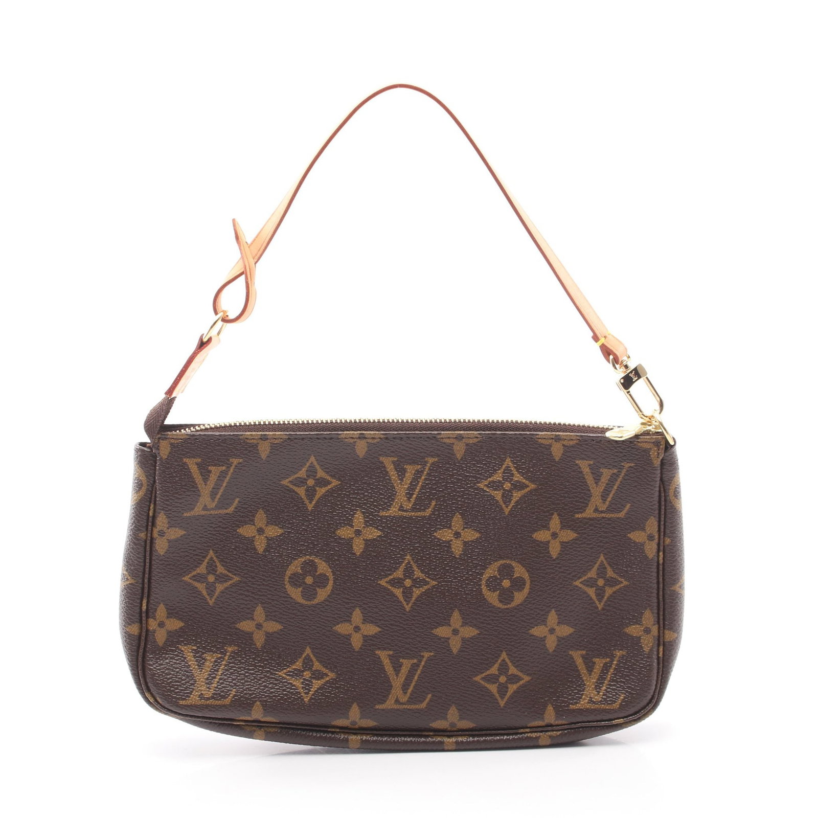 Louis Vuitton Pochette Accessoires: Brown Monogram Pochette Accessoires handbag in PVC and leather, model M51980. Product no.: CA0036. Size: H13 x W21 x D3 cm; handle 32 cm.