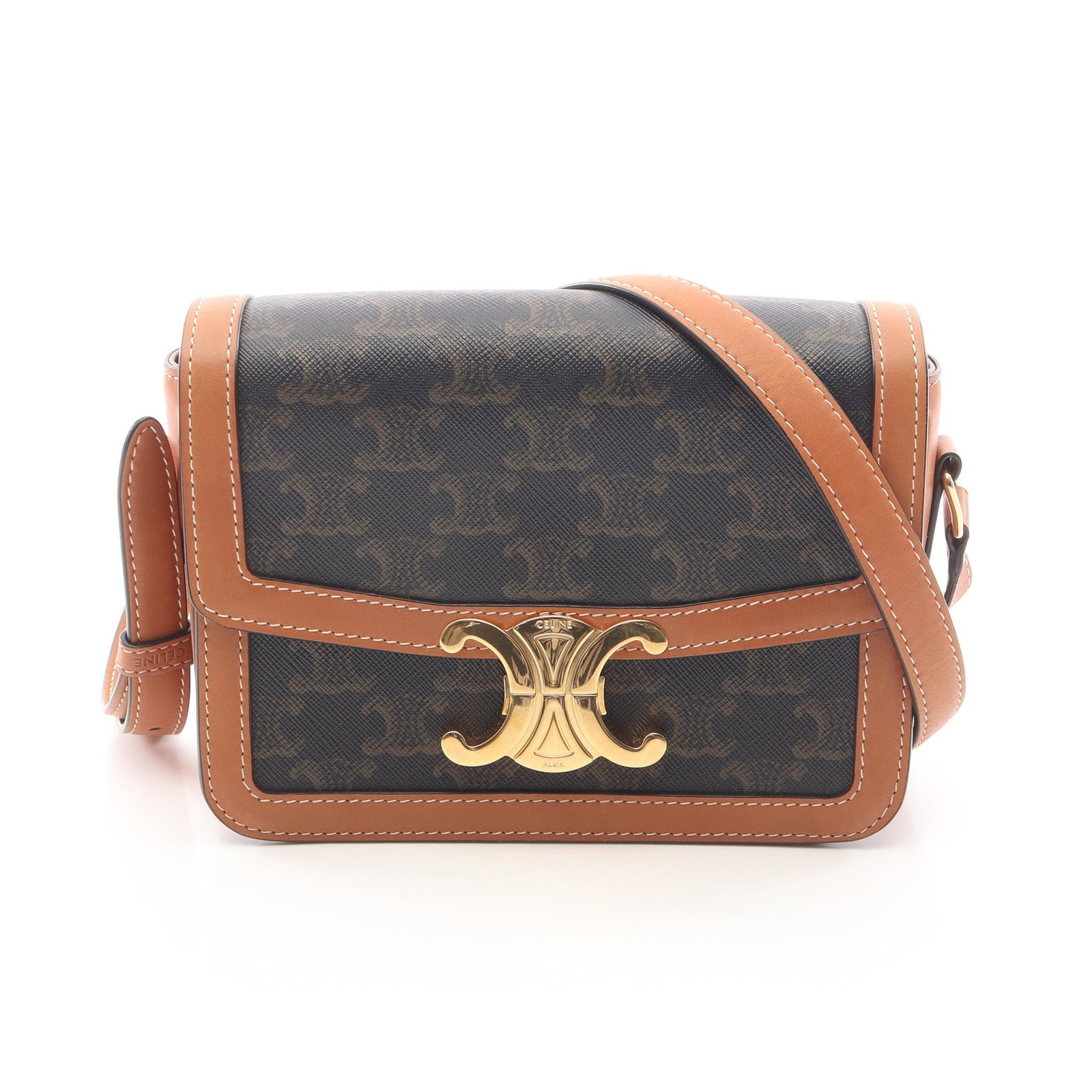 Celine Teen Triomphe Black Brown: Black brown Teen Triomphe shoulder bag in PVC and leather, model 188882BZ4. Size: H14.5 x W18.5 x D0.5/4.5/0.5 cm; strap 84-111 cm.