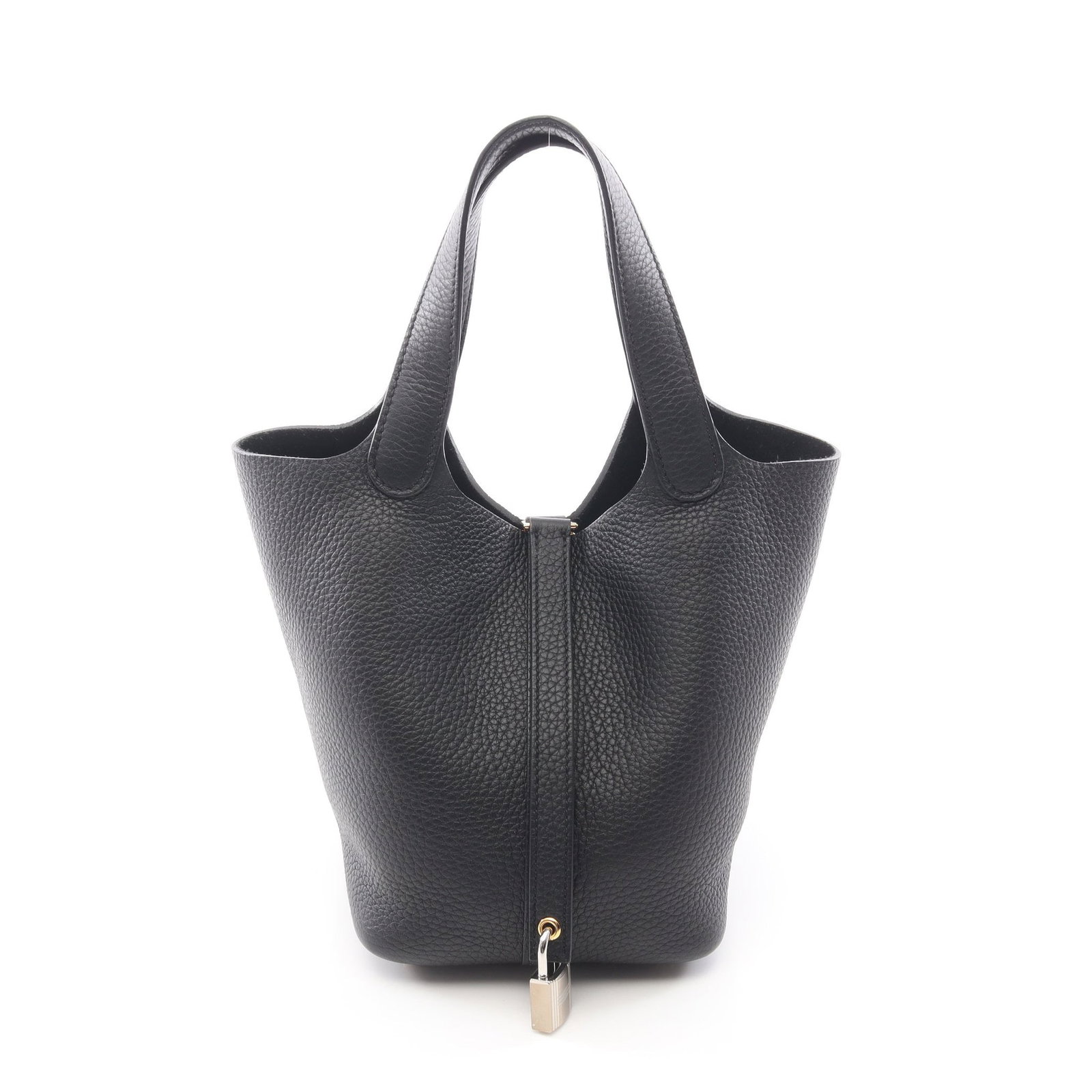 Hermes Picotin Lock PM Black GHW: Black Picotan Lock PM handbag in Clemence leather with gold hardware. Accessories: 2 keys, padlock. Product no.: W stamp (manufactured around 2024). Size: H18.5 x W28.5-19 x D13.5 cm; handle 31 cm.