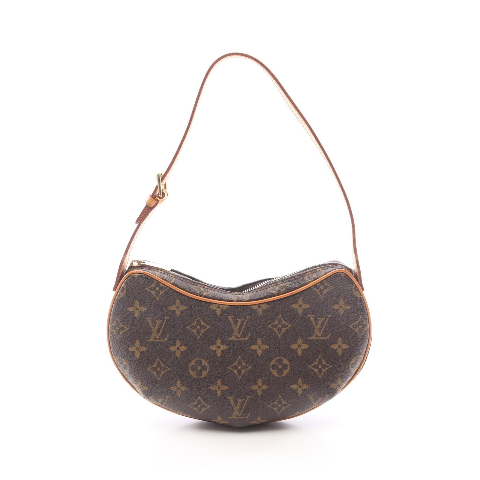 Louis Vuitton Pochette Croissant Monogram: Brown Monogram Pochette Croissant shoulder bag in PVC and leather, model M51510. Product no.: MI0098. Size: H14 x W22 upper/26 center x D6 cm; strap 46-52 cm, max drop 23 cm.