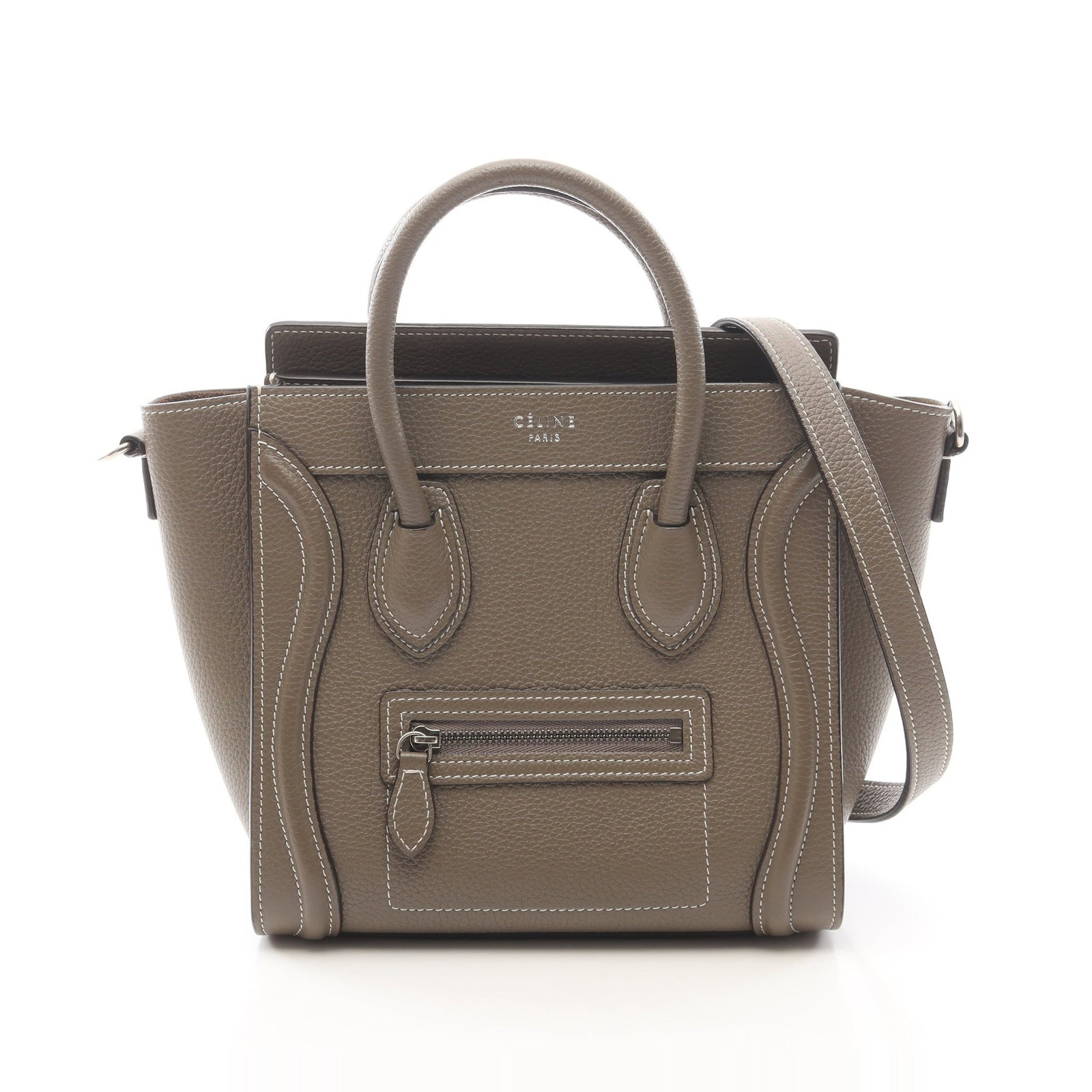 Celine Luggage Nano Gray Beige: Gray beige Luggage Nano shopper 2WAY handbag in leather, model 168243. Accessories: shoulder strap. Size: H20 x W27-20 x D9 cm; handle 30 cm; strap 119 cm.