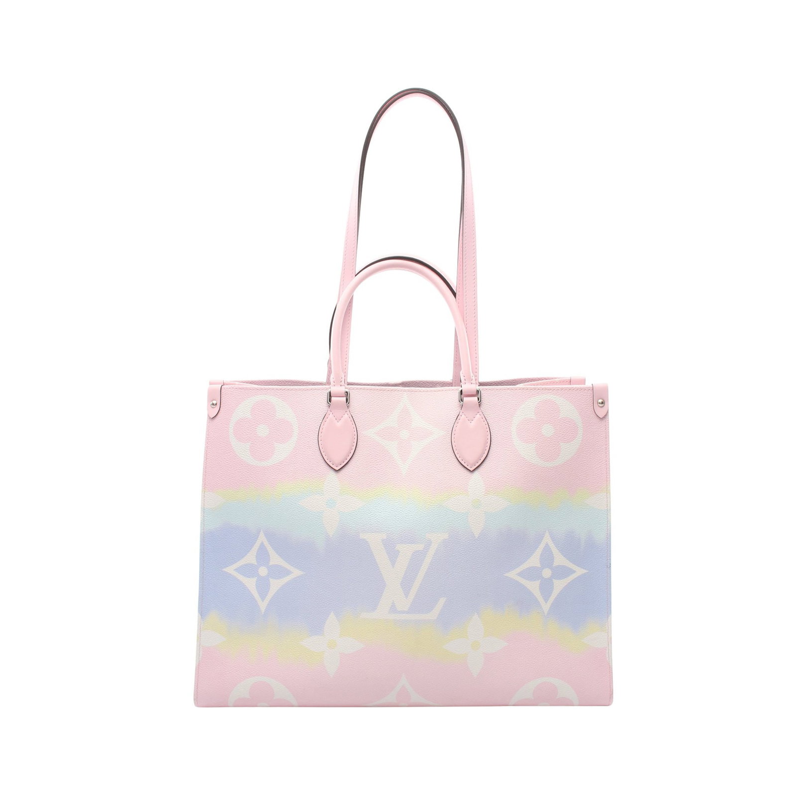 Louis Vuitton OnTheGo GM Escale Pastel: Light pink multicolor On-the-go GM LV Escale Pastel 2WAY shoulder tote in PVC and leather, model M45119. Product no.: FL1200. Size: H32.5 x W40-41.5 x D17 cm; handle 38 cm; strap 70 cm, max drop 31