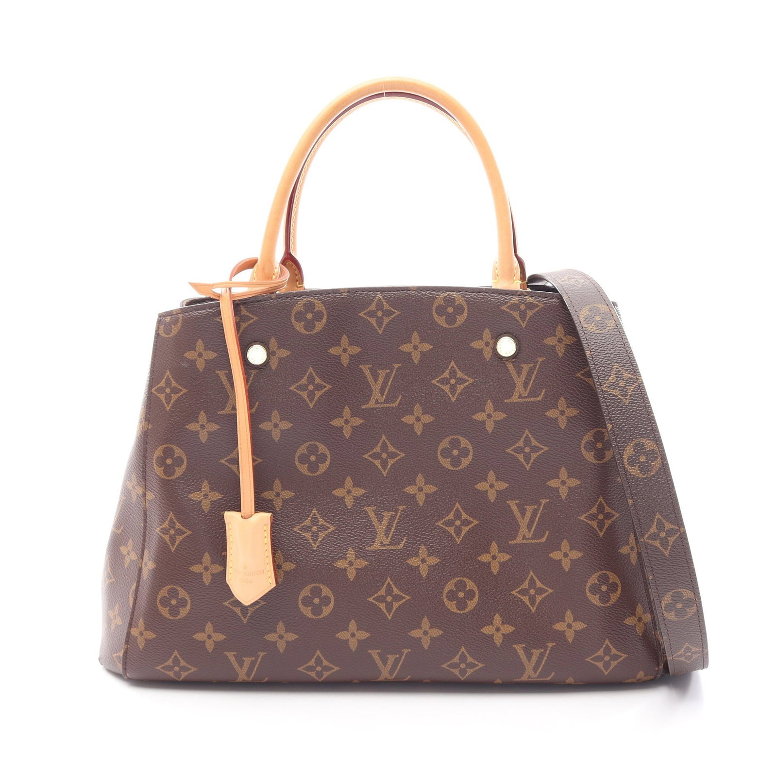 Louis Vuitton Montaigne MM Monogram: Brown Monogram Montaigne MM 2WAY handbag in PVC and leather, model M41056. Accessories: shoulder strap, padlock, 2 keys, crochet. Product no.: CA0187. Size: H23 x W25-35 x D14 cm; handle 35 cm; strap