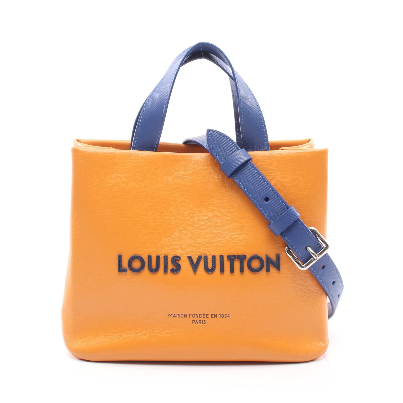 Louis Vuitton Shopper Tote Mini Orange: Orange blue Shopper Tote MINI 2WAY handbag in leather, model M28310. Accessories: shoulder strap. RFID. Size: H21 x W25 x D11.5 cm; handle 25 cm; strap 96-120 cm.
