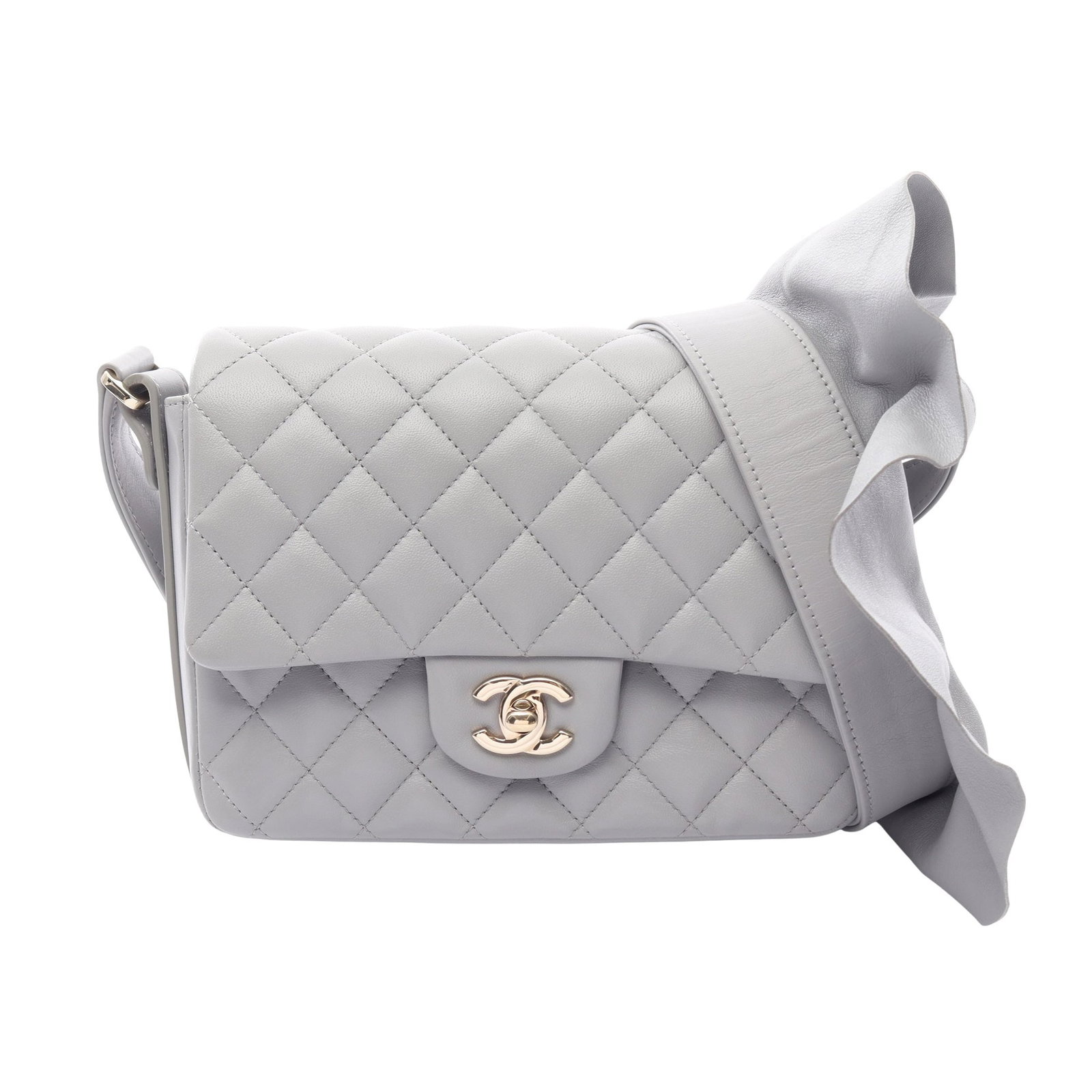 Chanel Frill Shoulder Lamb Gray GHW: Gray Matelasse frill shoulder bag in lambskin with gold hardware, model AS1737. Accessories: serial seal. Serial: 300*****. Size: H16 x W20 x D6 cm; strap 111 cm.