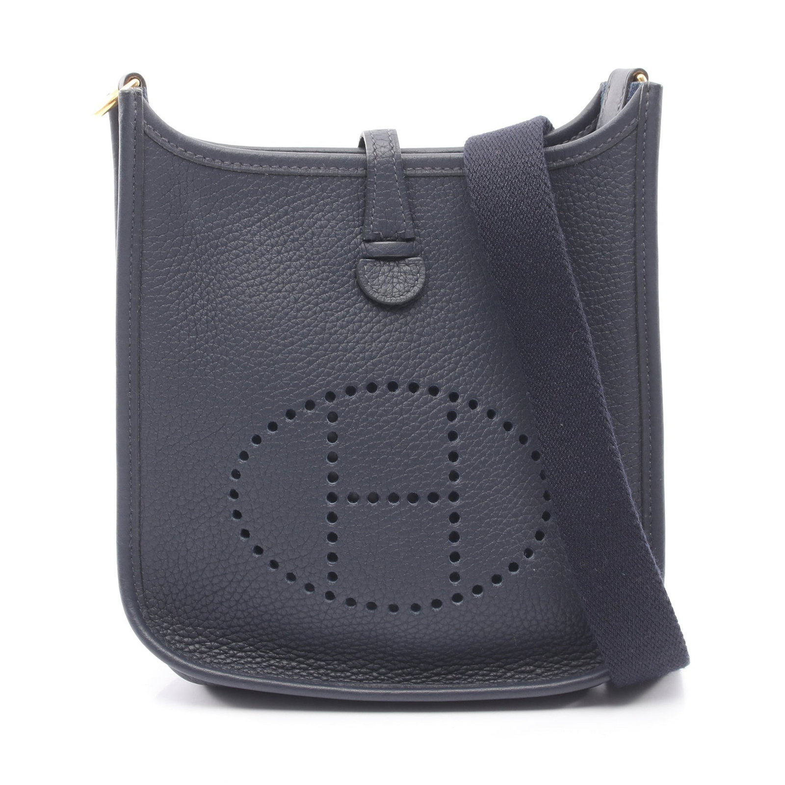 Hermes Evelyne TPM Amazon Bleu Nuit: Navy Bleu Nuit Evelyne TPM Amazon shoulder bag in Clemence leather with gold hardware. Product no.: Z stamp (manufactured around 2021). Size: H18 x W16.5 x D5.5 cm; strap 112 cm.