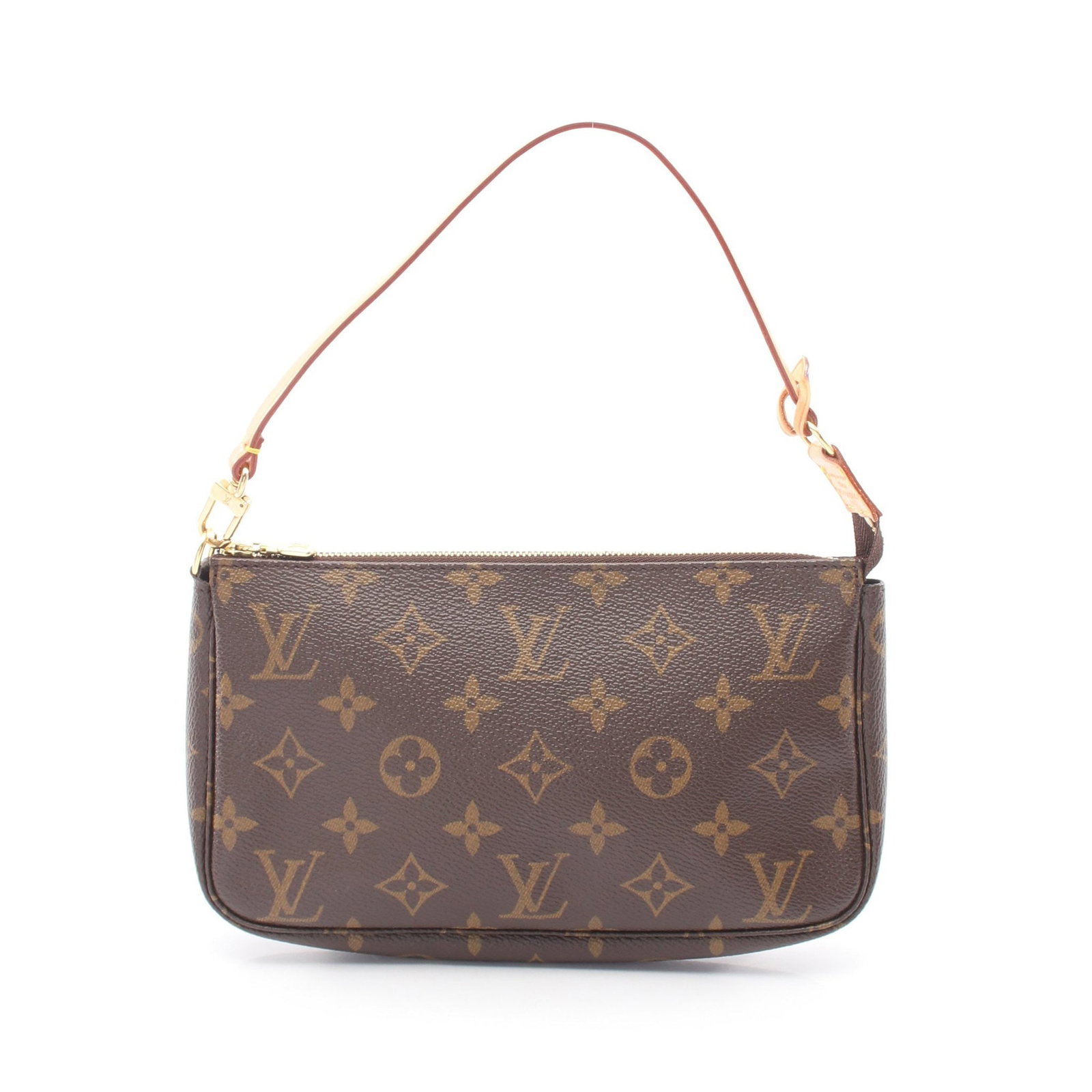 Louis Vuitton Pochette Accessoires: Brown Monogram Pochette Accessoires handbag in PVC and leather, model M51980. Product no.: AR1014. Size: H13 x W21 x D3 cm; handle 32 cm.