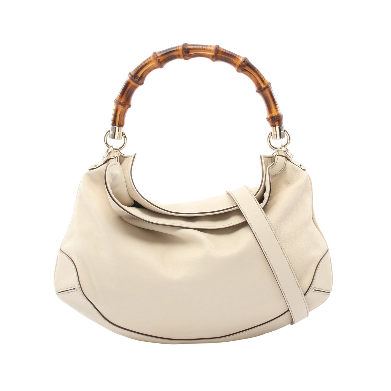 Gucci Bamboo 2Way Ivory: Ivory Bamboo 2WAY handbag in leather, model 169961. Accessories: shoulder strap. Size: H24 x W28-40 x D9 cm; handle 42 cm; strap 90 cm.