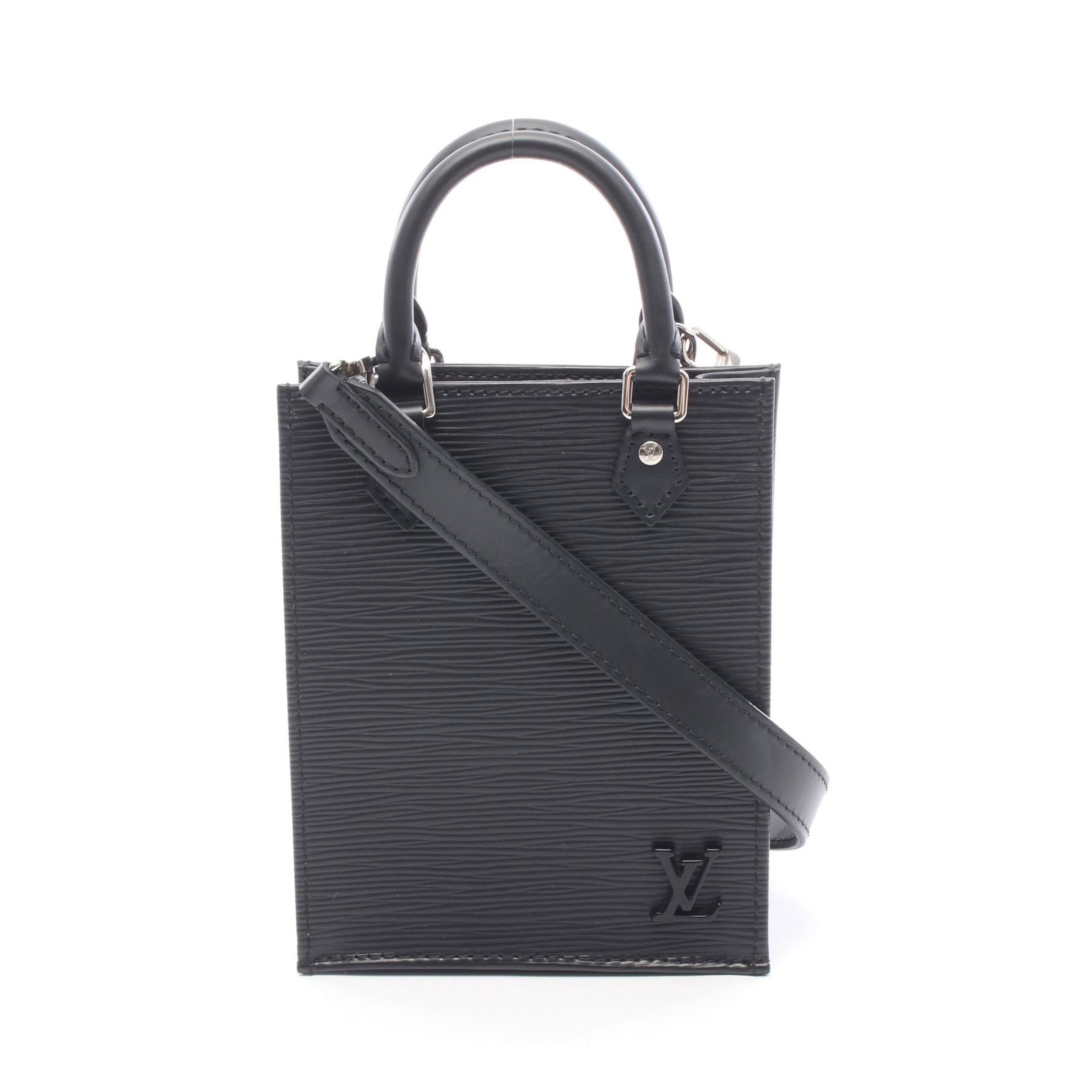 Louis Vuitton Petite Sac Plat Epi Noir: Black Petite Sac Plat Epi Noir handbag in leather, model M69441. Product no.: CA0261. Size: H17 x W14 x D4.5 cm; handle 20 cm; strap 116.5 cm.