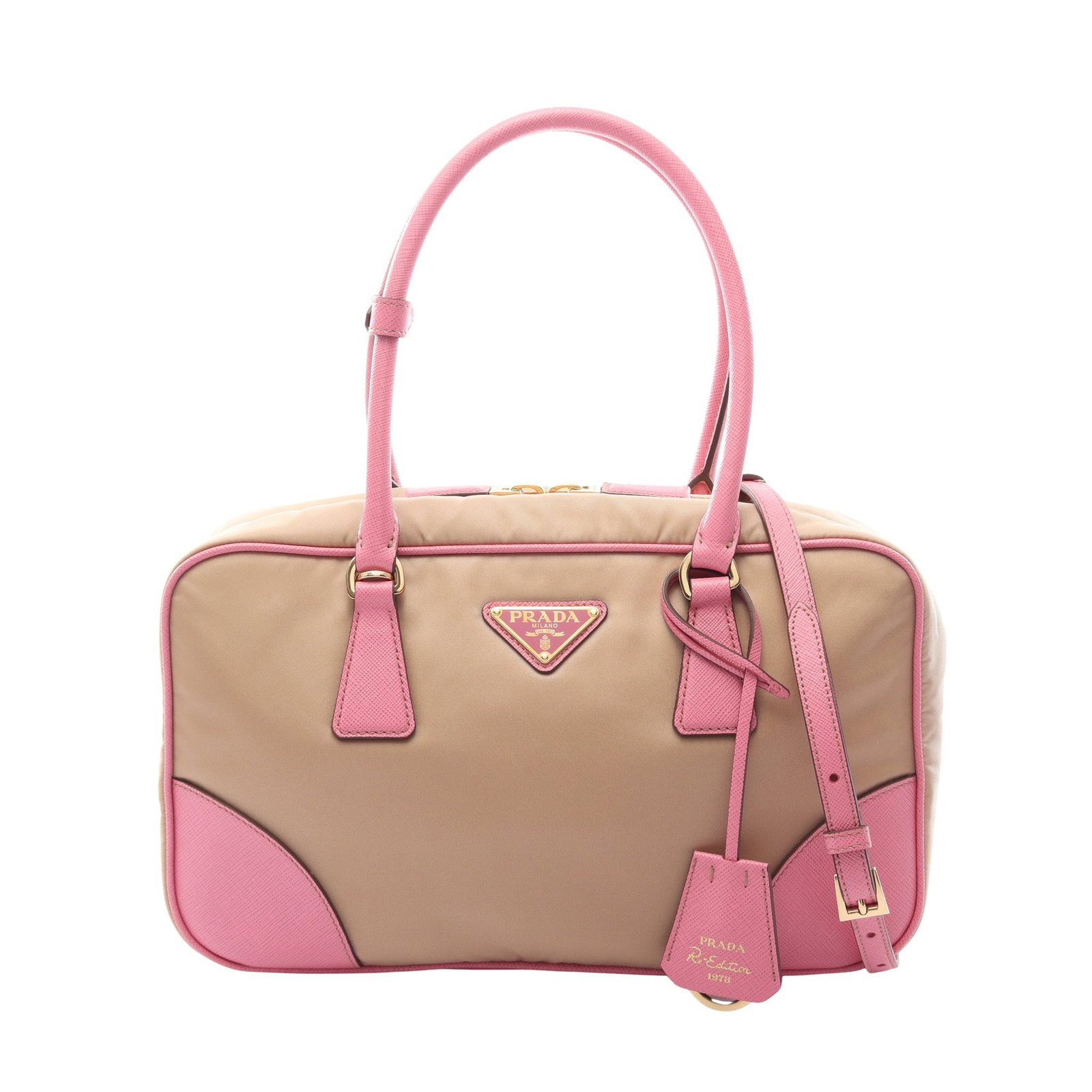 Prada Re-Edition 1978 Beige Pink: Beige pink RE-EDITION 1978 Medium Double Handle 2WAY handbag in saffiano leather/leather, model 1BB115. Accessories: shoulder strap, crochet with key ring, poignet. Size: H18 x W29 x D9 cm; handle 43