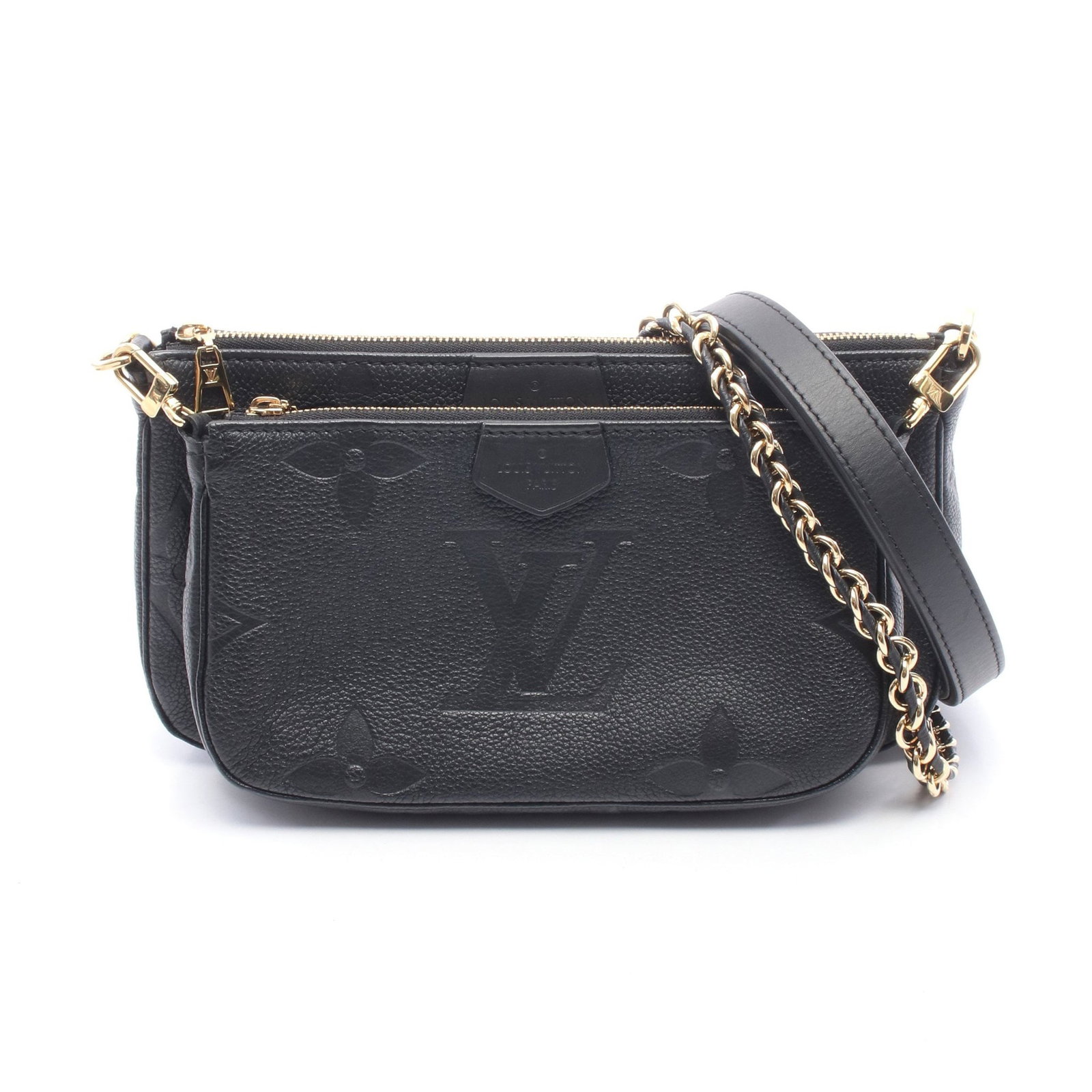 Louis Vuitton Multi Pochette Empreinte: Black Multy Pochette Accessoires Monogram Empreinte Noir shoulder bag in leather, model M80399. RFID: yes. Size: H13.5 x W23.5 x D4 cm; strap 69 cm, long strap 60-99 cm.