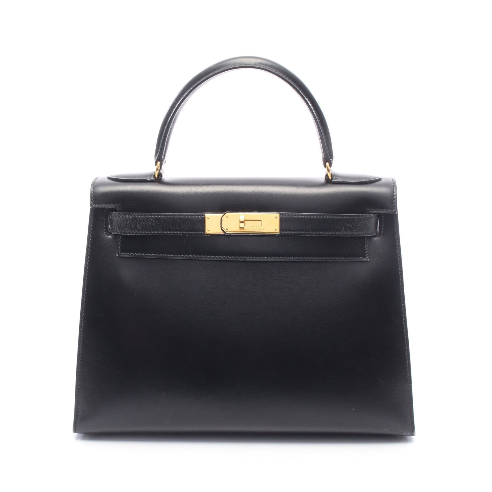 Hermes Kelly 28 Box Calf Black GHW: Black Kelly 28 outside sewing 2WAY handbag in box calf with gold hardware. Accessories: shoulder strap, crochet, padlock, 2 keys. Product no.: ?T stamp (manufactured around 1990). Size: H21 x W25-28