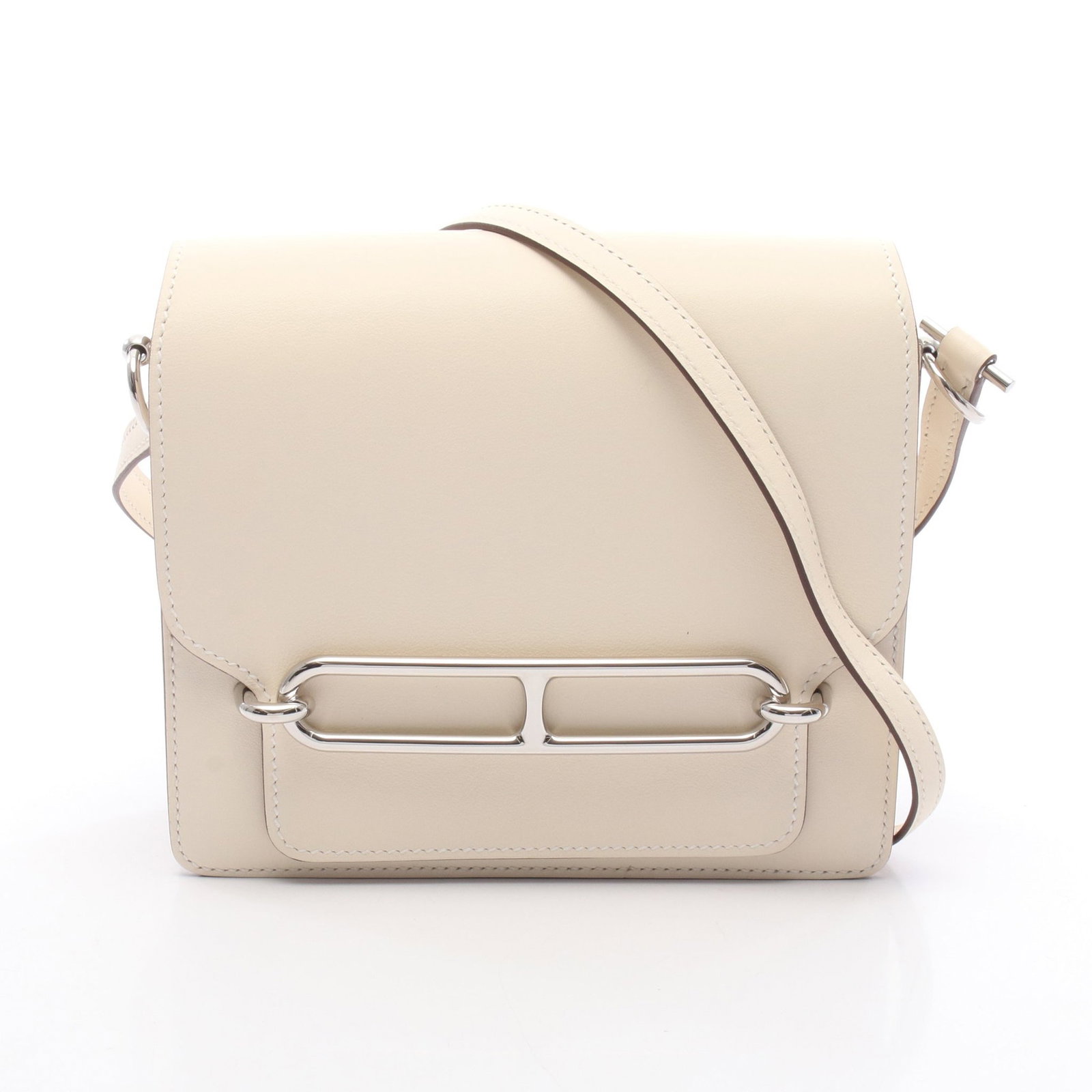 Hermes Roulis Mini Nata Ivory SHW: Ivory Sac Lawris Ruri Mini Nata shoulder bag in Veau Swift with silver hardware, model 079195CP. Product no.: U stamp (manufactured around 2022). Size: H15 x W17-17.5 x D3/3 cm; strap 105 cm.