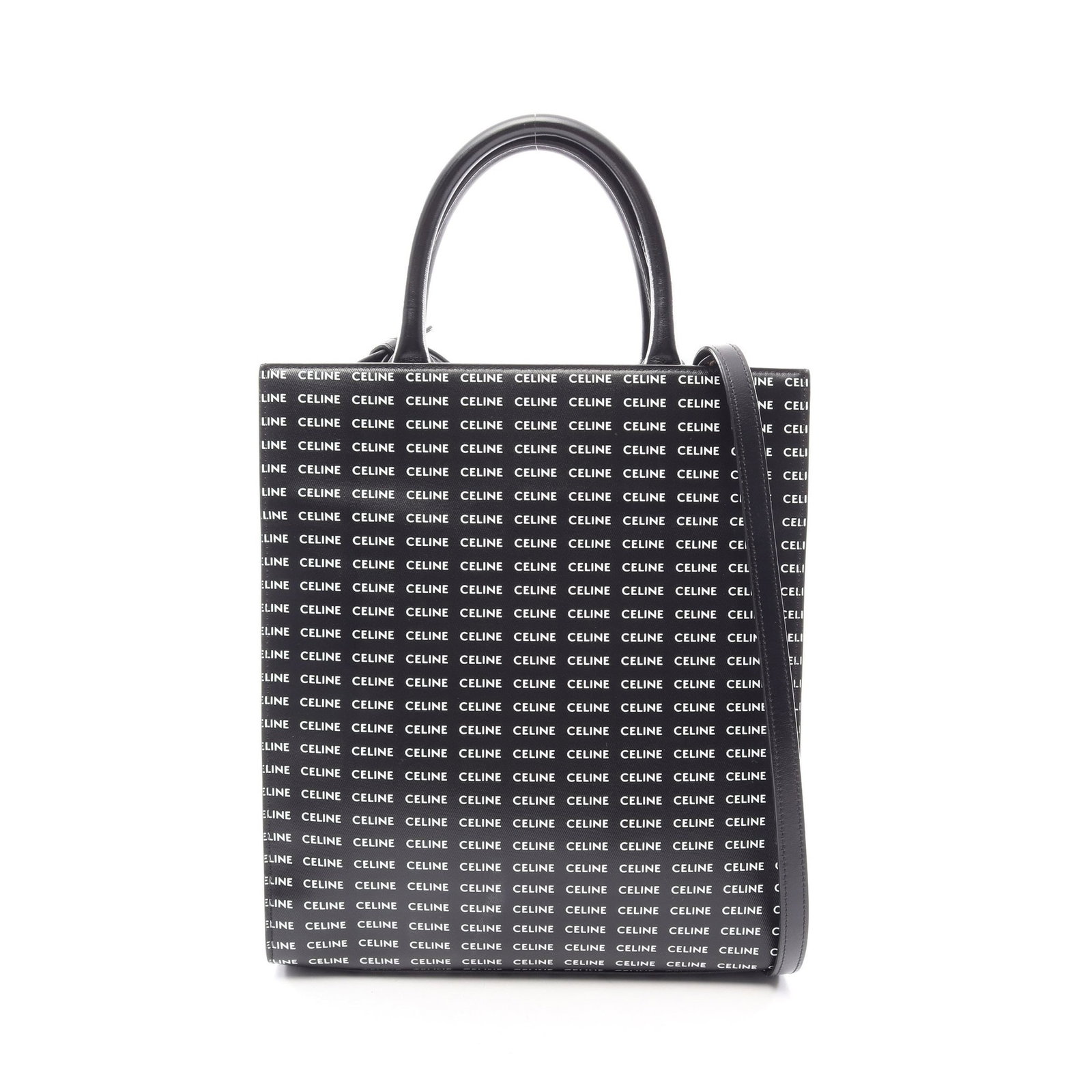 Celine Small Vertical Cabas Black White: Black white Small Vertical Hippopotamus Triomphe 2WAY handbag tote in PVC and leather, model 191542. Accessories: shoulder strap. Size: H32.5 x W28 x D8 cm; handle 32 cm; strap 109-111.5 cm.