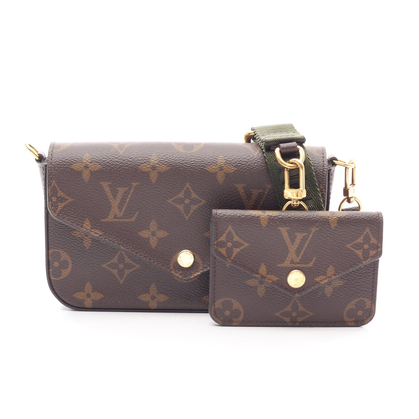 Louis Vuitton Multi Pochette Felicie: Brown dark green Multy Pochette Felicie Monogram shoulder bag in PVC, model M80091. Accessories: card holder. Product no.: FH4270. Size: H10.5 x W17 x D3.5 cm; strap 75-112 cm.