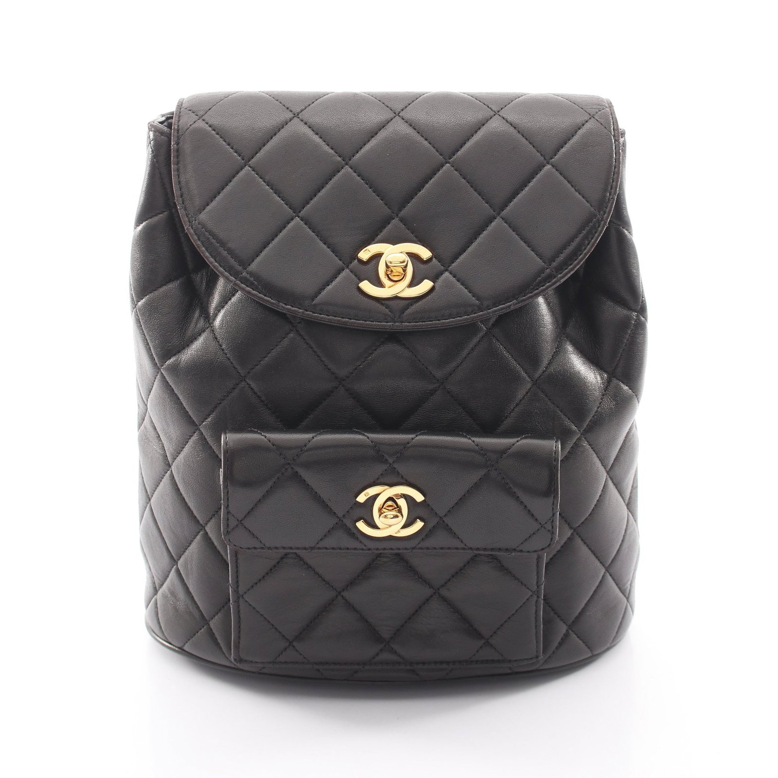 Chanel Turn Lock Chain Backpack Black: Black Matelasse turn lock chain backpack in lambskin with gold hardware, model A04194. Accessories: serial seal. Serial: 361****. Size: H24 x W18-21 x D9.5 cm; strap 67-73 cm.