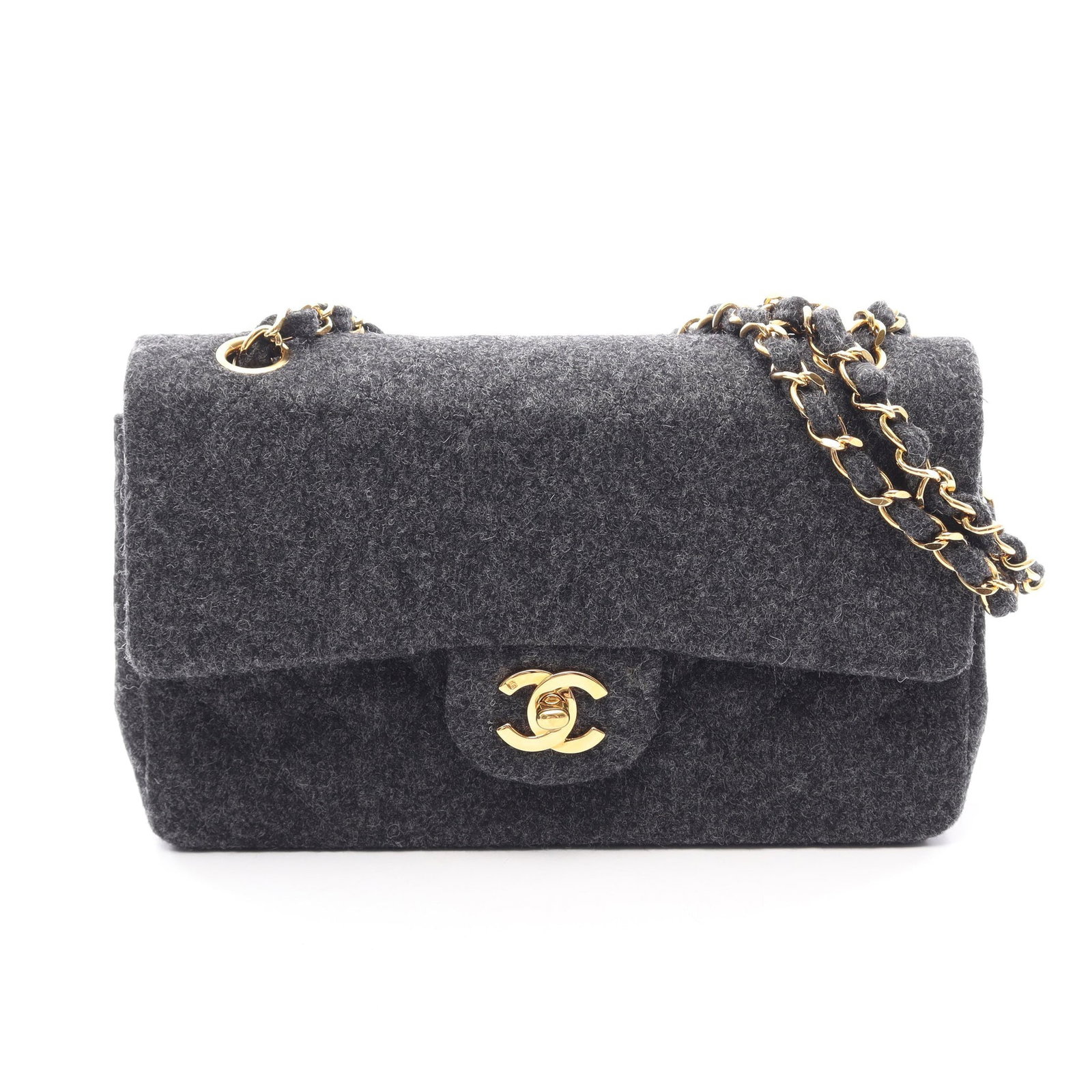 Chanel Double Flap 23 Wool Gray GHW: Dark gray Matelasse double flap double chain shoulder bag in wool with gold hardware, model A01113. Accessories: guarantee card, serial seal. Serial: 157****. Size: H14 x W23 x D6 cm; double strap 54