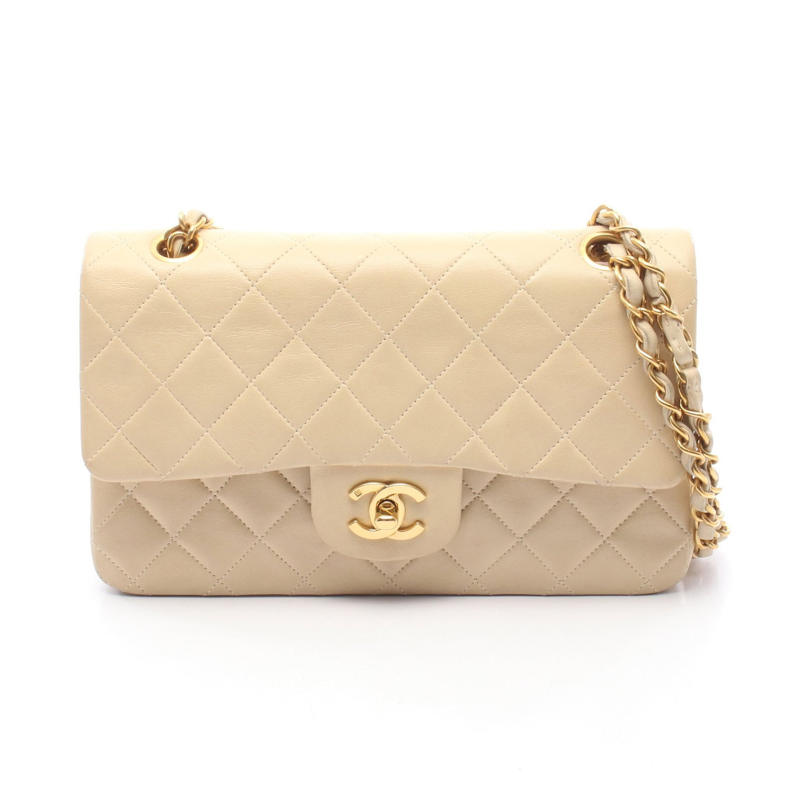Chanel Double Flap 23 Lamb Beige GHW: Light beige Matelasse double flap double chain shoulder bag in lambskin with gold hardware, model A01113. Accessories: guarantee card, serial seal. Serial: 292****. Size: H14 x W23 x D6 cm; double