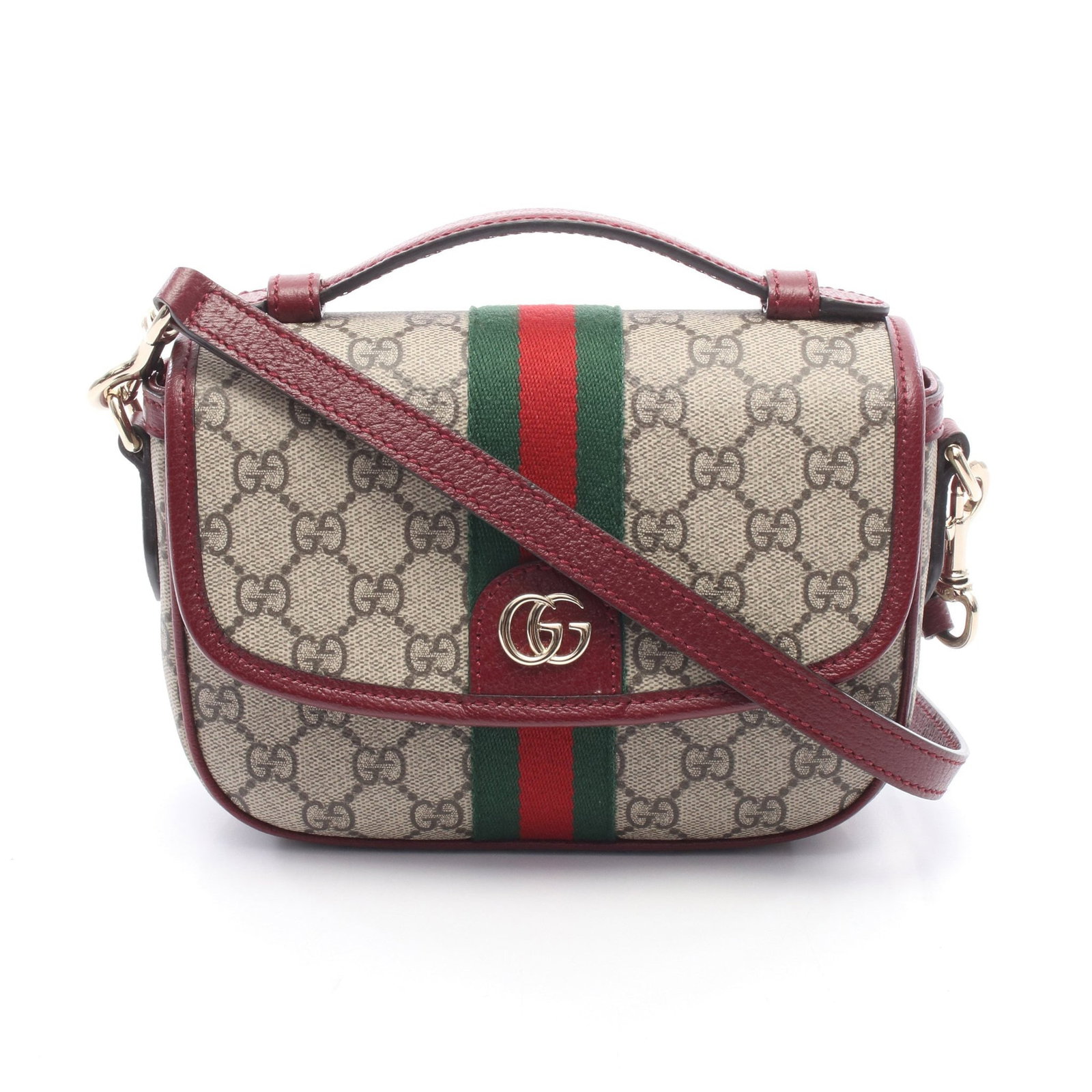 Gucci Ophidia Small Top Handle 2Way: Beige brown bordeaux Ophidia Small Top Handle 2WAY handbag in PVC and leather, model 836843. Accessories: shoulder strap. Size: H15 x W20-19 x D5 cm; handle 13 cm; strap 105-120 cm.