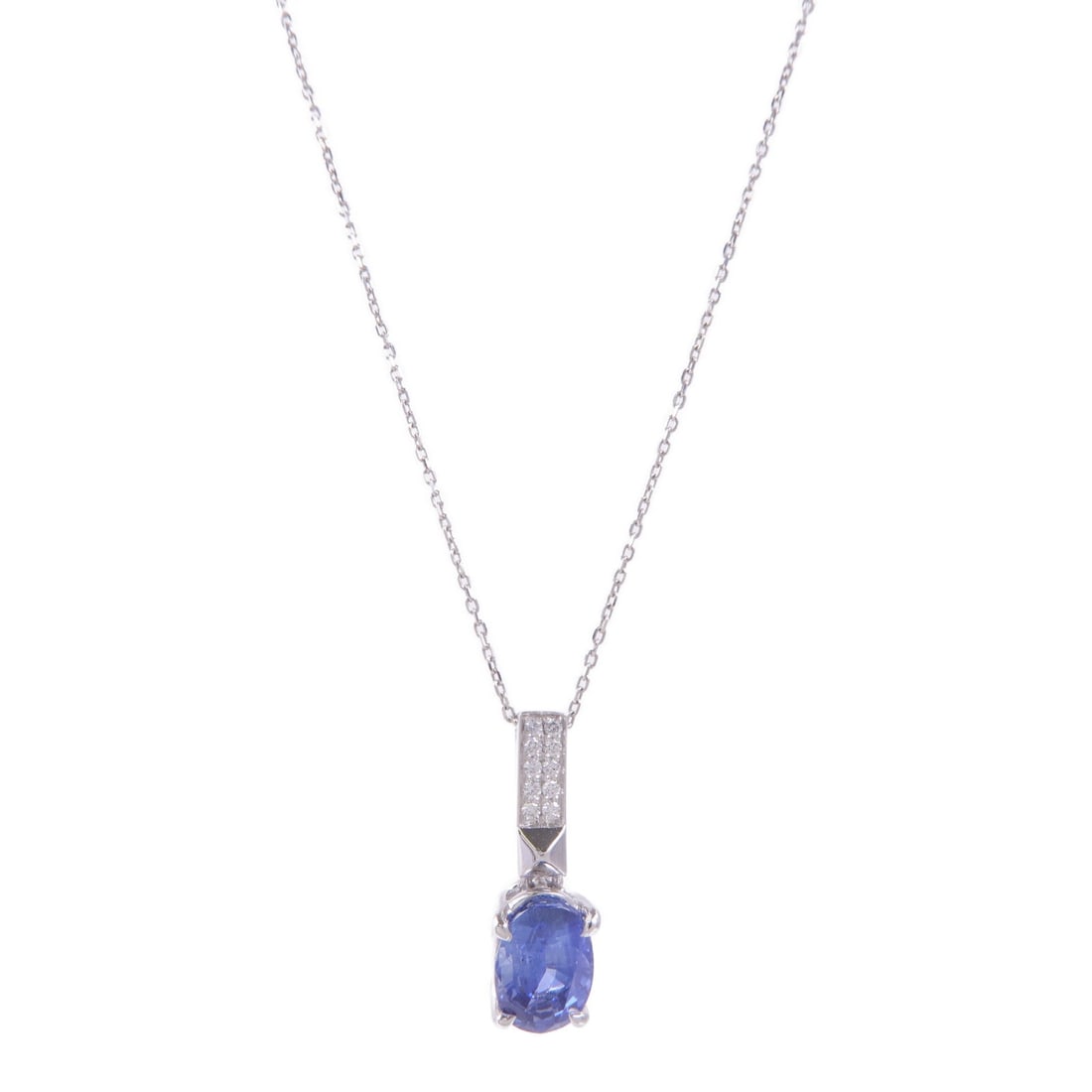 Sapphire Diamond Platinum Necklace: Blue and clear sapphire diamond necklace in PT850 and PT900 platinum; sapphire 2.09ct and diamond 0.06ct; includes sorting; neck 44cm; motif 5 x 18mm; 3.64g.