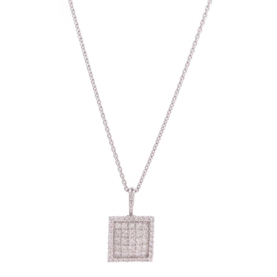 Diamond Necklace PT900 PT850 Platinum: Clear diamond necklace in PT900 and PT850 platinum; diamond 1.00ct; neck 45cm; motif 19 x 23mm; 9.6g.