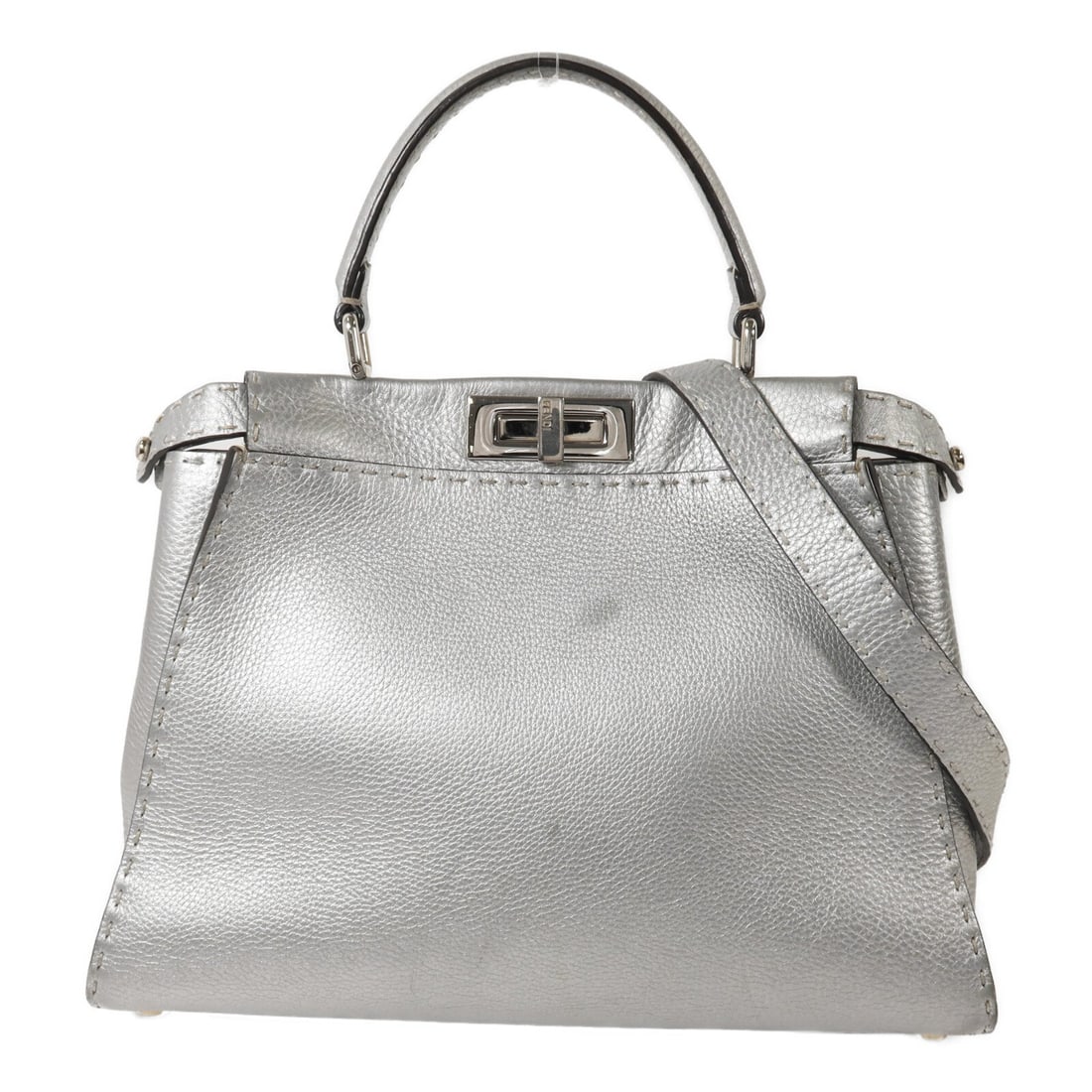 Fendi Peekaboo Medium 2Way Calf Silver: SHW. Silver Peekaboo Medium 2-way shoulder bag in calfskin, model 8BN290. Accessories: storage bags, shoulder strap. Product no.: 5QG.168.3355. Size: W23-34 x H24 x D12 cm; handle 32 cm; shoulder