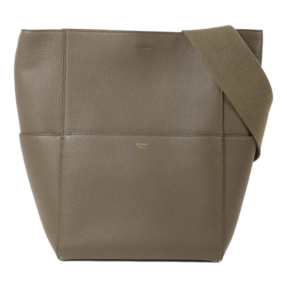 Celine Sangle Bucket Large Gray: GHW. Gray Sangle Bucket Large shoulder bag in calfskin. Accessories: storage bags, shoulder strap. Product no.: F-GM-2138. Size: W23-36 x H32 x D17 cm; shoulder max 58 cm.