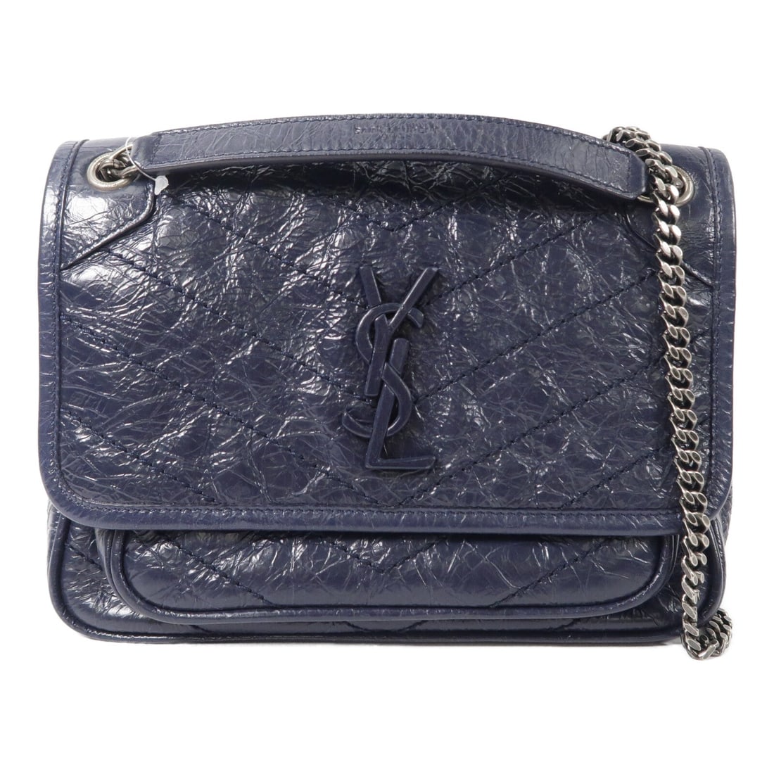 Saint Laurent Niki Baby Navy: YSL. Navy Niki Baby chain shoulder bag in calfskin, model 533037. Accessories: storage bags. Product no.: 0319. Size: W21 x H16 x D7 cm; shoulder 70-122 cm.