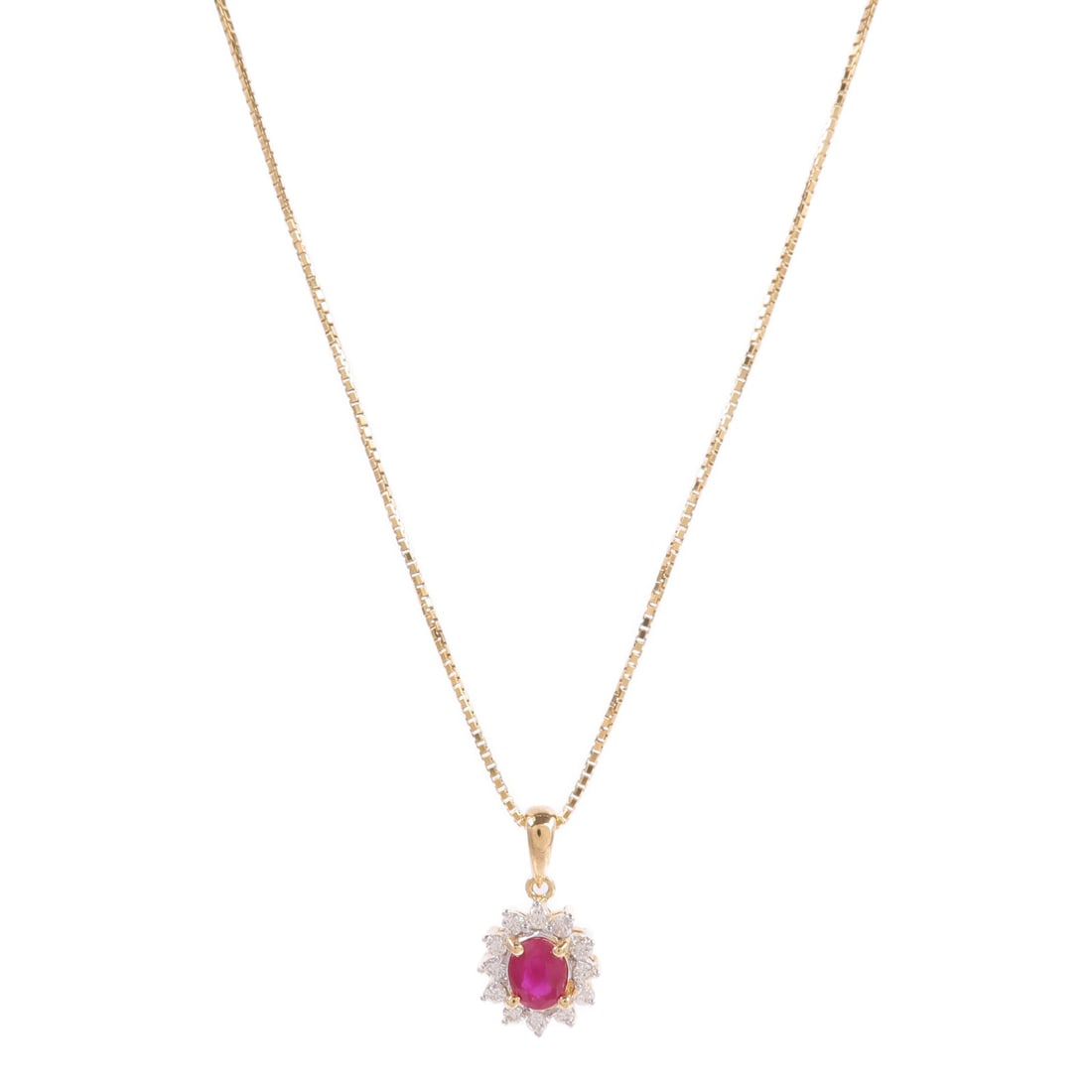 Ruby Diamond Necklace 18K Yellow Gold: Red and clear ruby diamond necklace in 18K yellow gold; neck 21.5cm; motif 9 x 16mm; 4.4g.