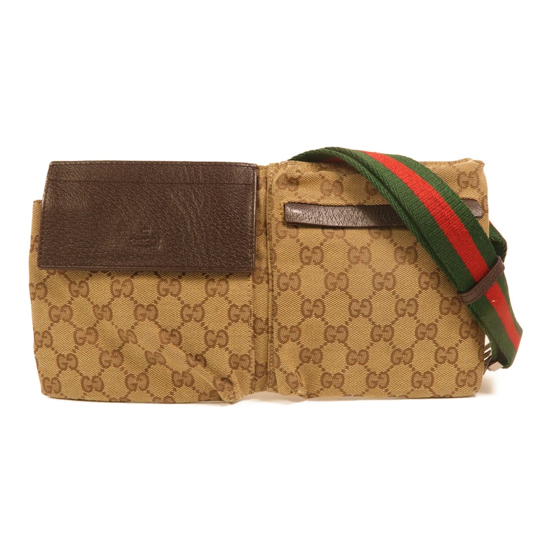 Gucci GG Canvas Waist Bag Brown: SHW. Brown GG canvas waist bag. Product no.: 20047. Size: W30 x H2 cm; shoulder 56-86 cm.