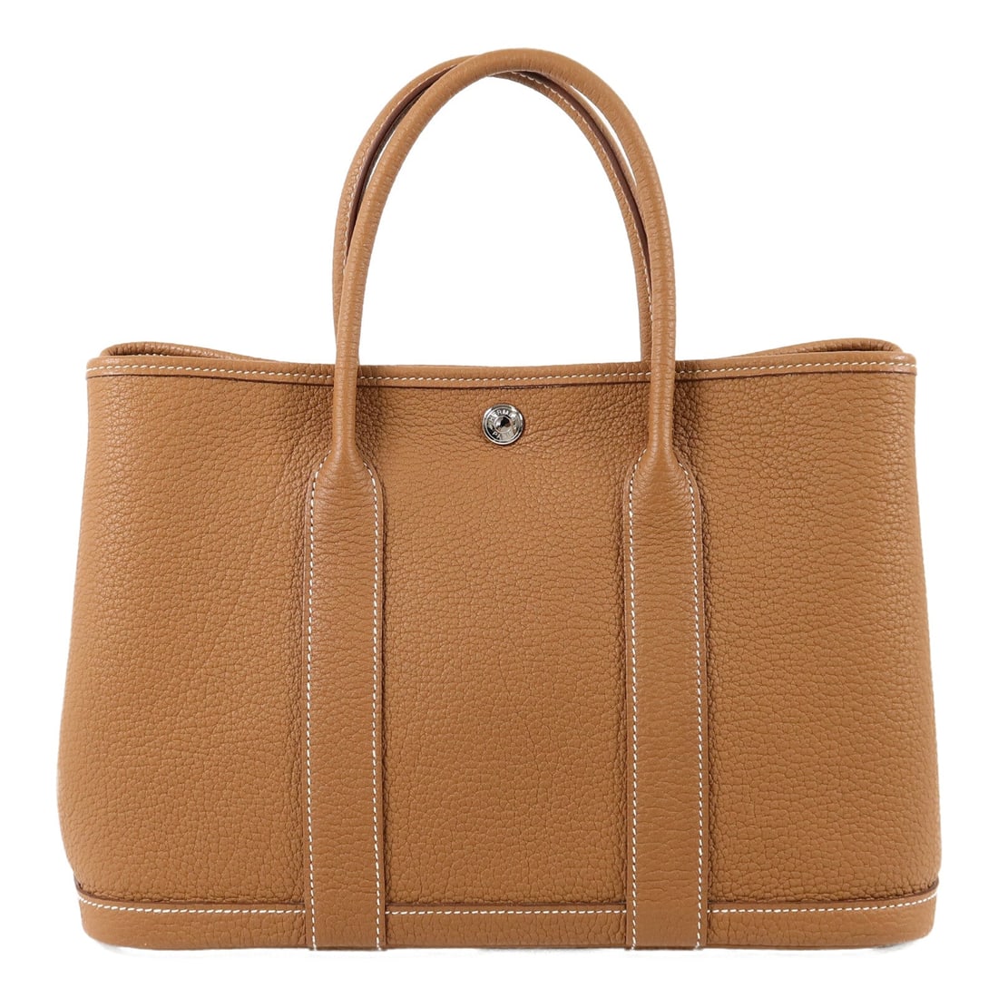 Hermes Garden Party TPM Negonda Gold: PHW. Gold/Brown Garden Party TPM tote in Negonda calfskin. Accessories: storage box, storage bags. Product no.: Z GS 012 HIZ stamp (manufactured in 2021). Size: W30 x H21 x D14 cm; handle 34 cm.