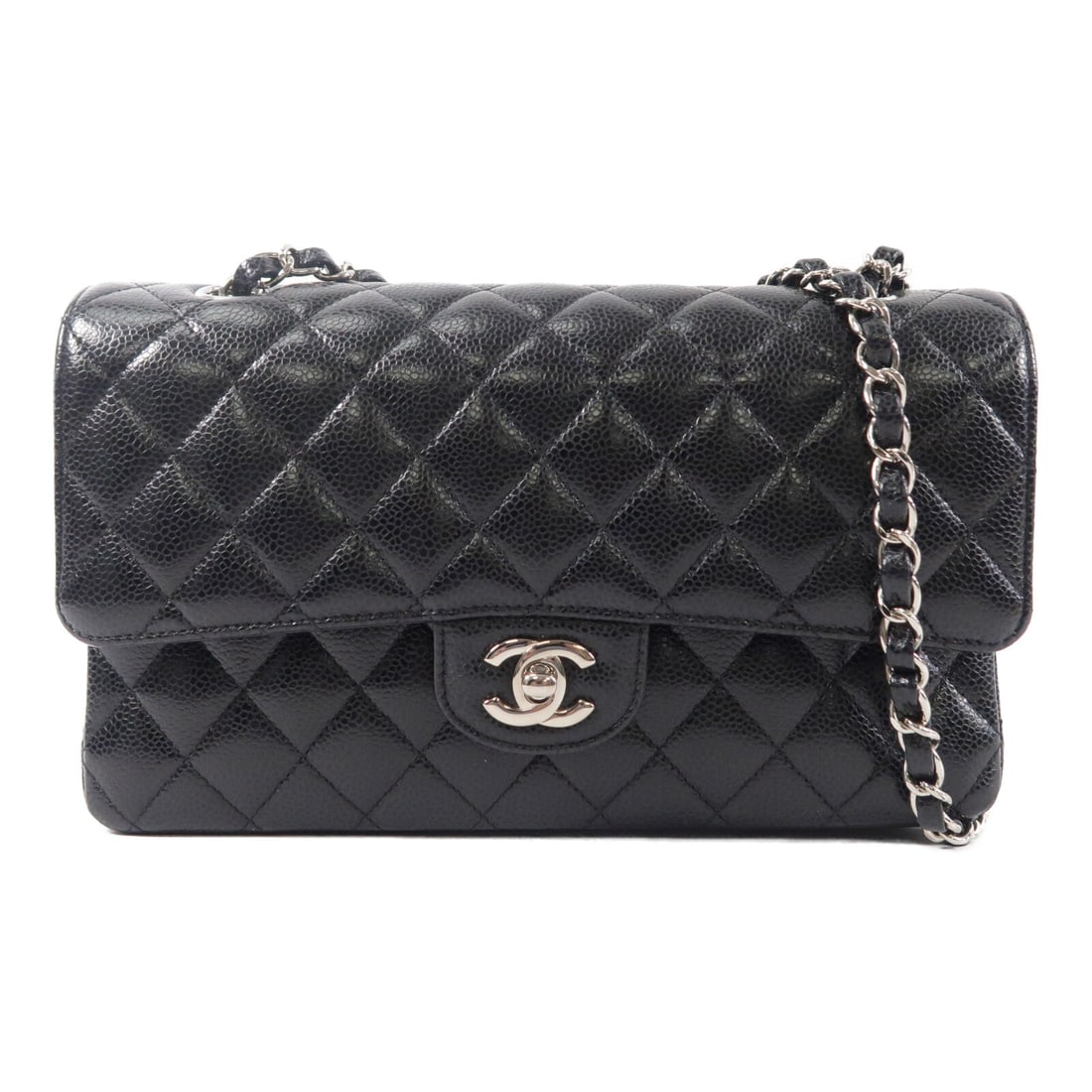 Chanel Classic 25 Calfskin Black SHW: Black Classic 25 chain shoulder bag in calfskin, model A01112, with silver hardware. Accessories: storage box, hologram sticker, guarantee. Product no.: 30360414. Size: W25.5 x H15.5 x D6.5 cm; should