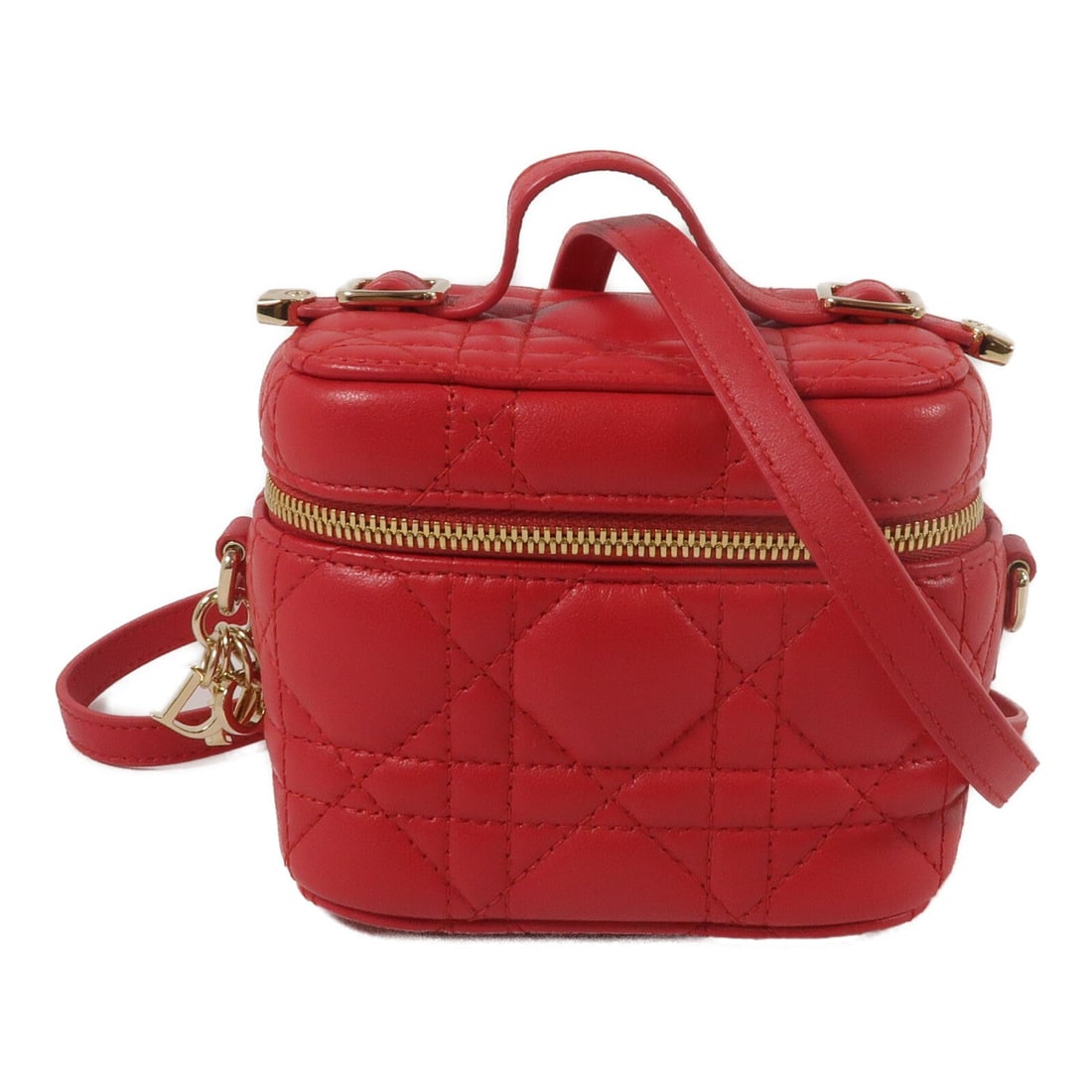 Dior Lady Dior Vanity Red 2Way: GHW. Red Lady Dior Vanity 2Way shoulder bag in lambskin. Accessories: storage bags, shoulder strap. Product no.: 40-MA-0231. Size: W11.5 x H9 x D7.5 cm; handle 9 cm; shoulder 117-123 cm.