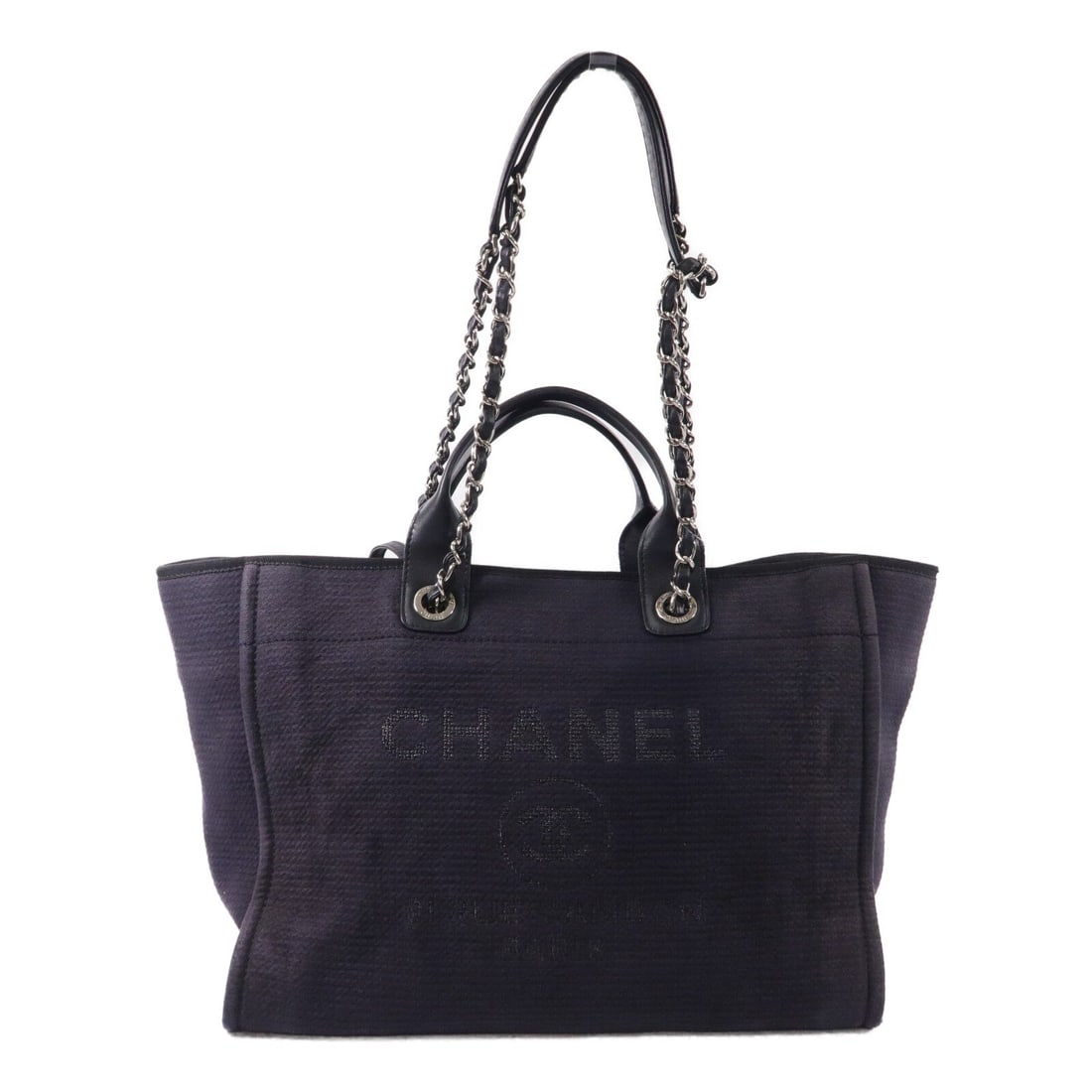 Chanel Deauville Medium 2Way Black: SHW. Black Deauville Medium 2-way chain shoulder bag in canvas, model A66941. Accessories: hologram sticker, pouch. Product no.: J49429JE. Size: W39 x H30 x D18 cm; handle 31 cm; shoulder max 74 cm.