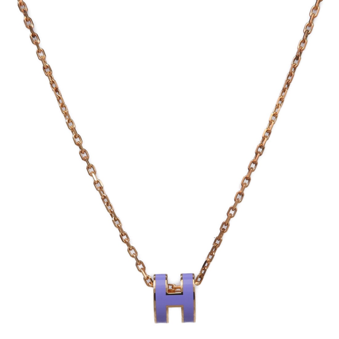 Hermes Mini Pop H Purple Gold Necklace: Purple and gold Mini Pop H necklace in enamel and metal; includes storage box and storage bags; neck 39cm; motif 7 x 9mm.