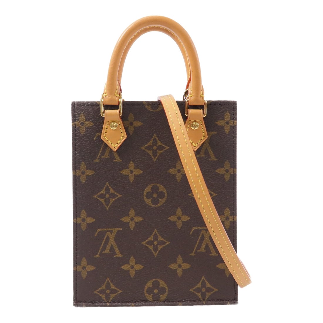 Louis Vuitton Petit Sac Plat Monogram: Brown Petit Sac Plat 2 Way shoulder handbag in Monogram PVC coated canvas, model M69442. Accessories: storage bags, shoulder strap. RFID. Size: W13.5 x H17 x D5 cm; handle 18.5 cm; shoulder max 116