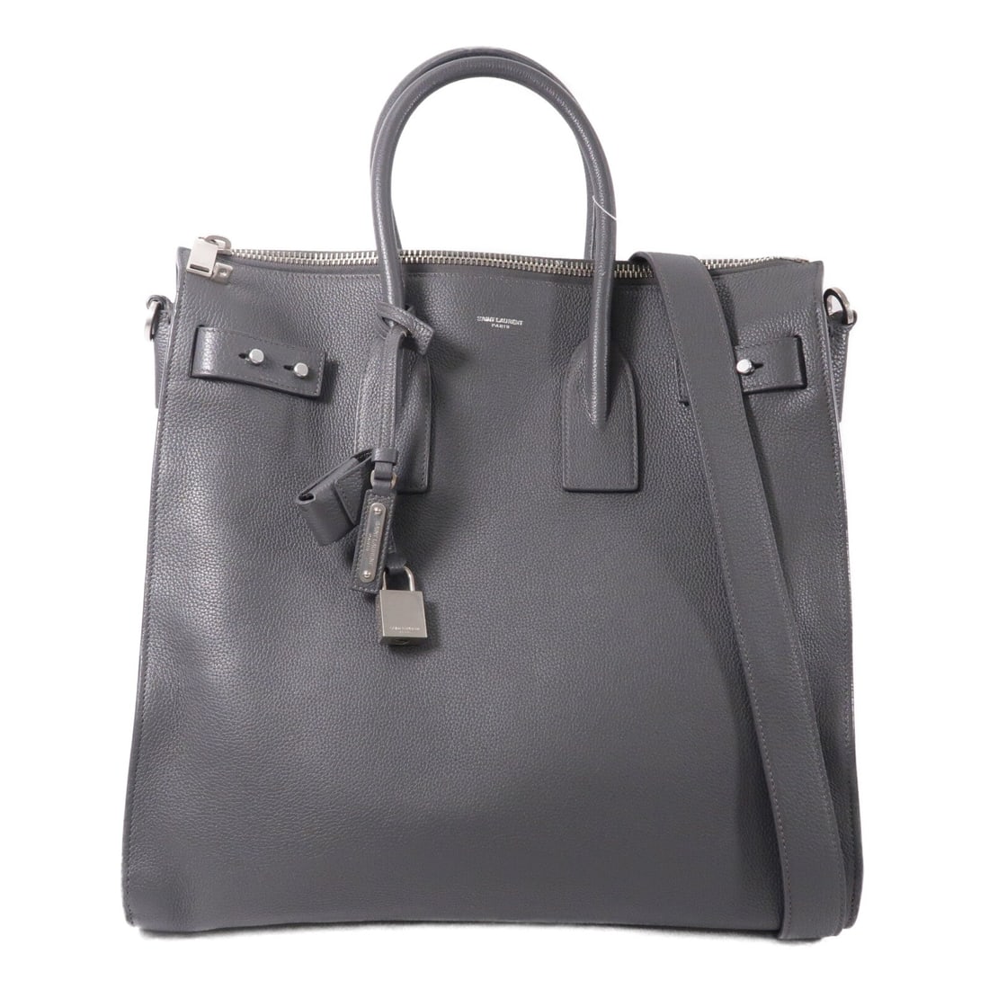 Saint Laurent Sac de Jour NS Gray: YSL SHW. Sac De Jour Souple North-South 2Way shoulder bag in gray calfskin. Accessories: storage bags, shoulder strap, clochette, padlock. Product no.: 0418. Size: W35 x H36 x D17 cm; handle 39 cm;