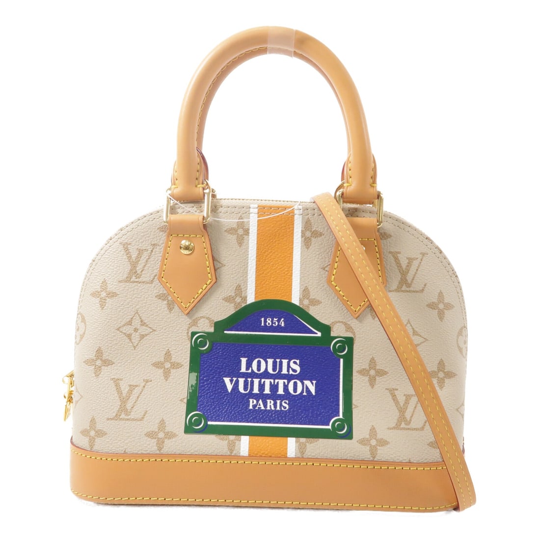 Louis Vuitton Alma BB Monopanam Beige: GHW. Beige Alma BB 2-way shoulder bag in PVC coated canvas, model M23502. Accessories: shoulder strap. RFID. Size: W23.5 x H17.5 x D11.5 cm; handle 25 cm; shoulder max 113 cm.