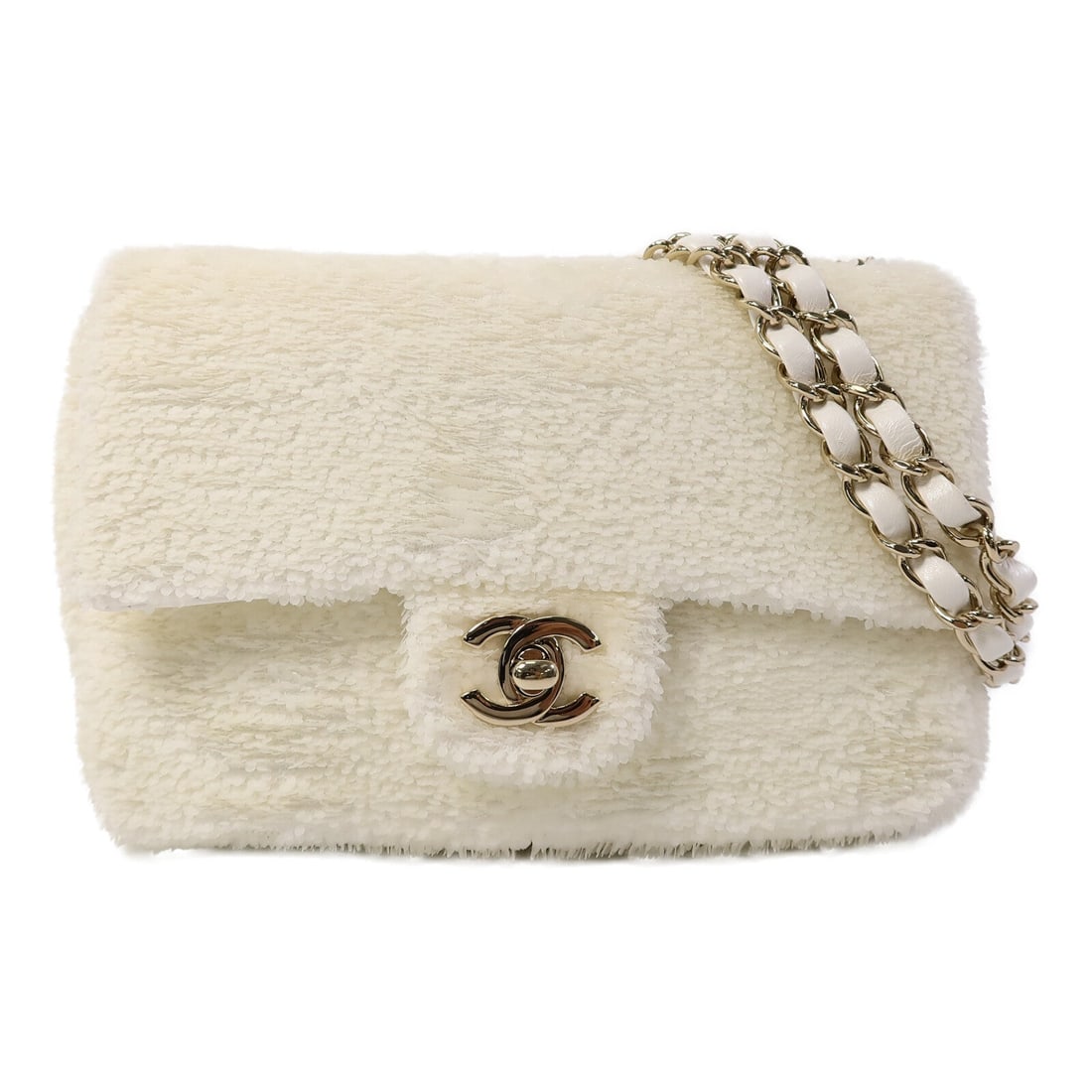Chanel Mini Classic 20 Beads White: GHW. White Mini Classic 20 chain shoulder bag in beads. Accessories: storage bags, hologram sticker, guarantee. Product no.: 28640547. Size: W20 x H12.5 x D6 cm; shoulder 64-116 cm.