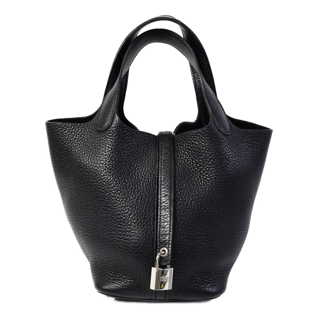 Hermes Picotin PM Clemence Noir: PHW. Noir black Picotin PM tote in Taurillon Clemence calfskin. Accessories: Cadena. Product no.: ??RVPQ in Square (2013 year). Size: W18 x H18 x D13 cm; handle 28 cm.
