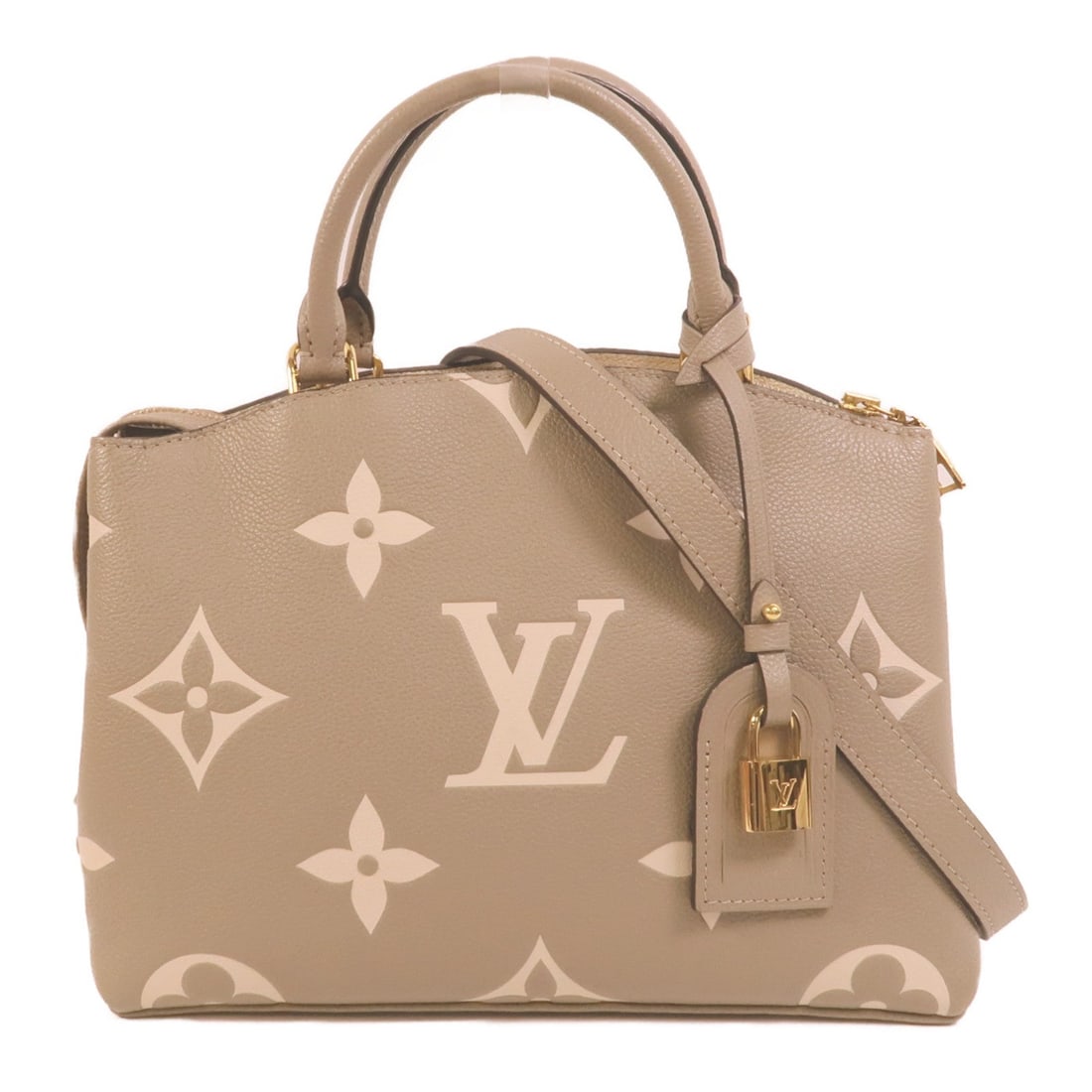 Louis Vuitton Petit Palais Empreinte Dove: GHW. Dove/Cream Petit Palais 2Way shoulder bag in Monogram Empreinte calfskin. Accessories: shoulder strap, key, padlock, name tag. RFID. Size: W29 x H18 x D12.5 cm; handle 26 cm; shoulder 94-110 cm.