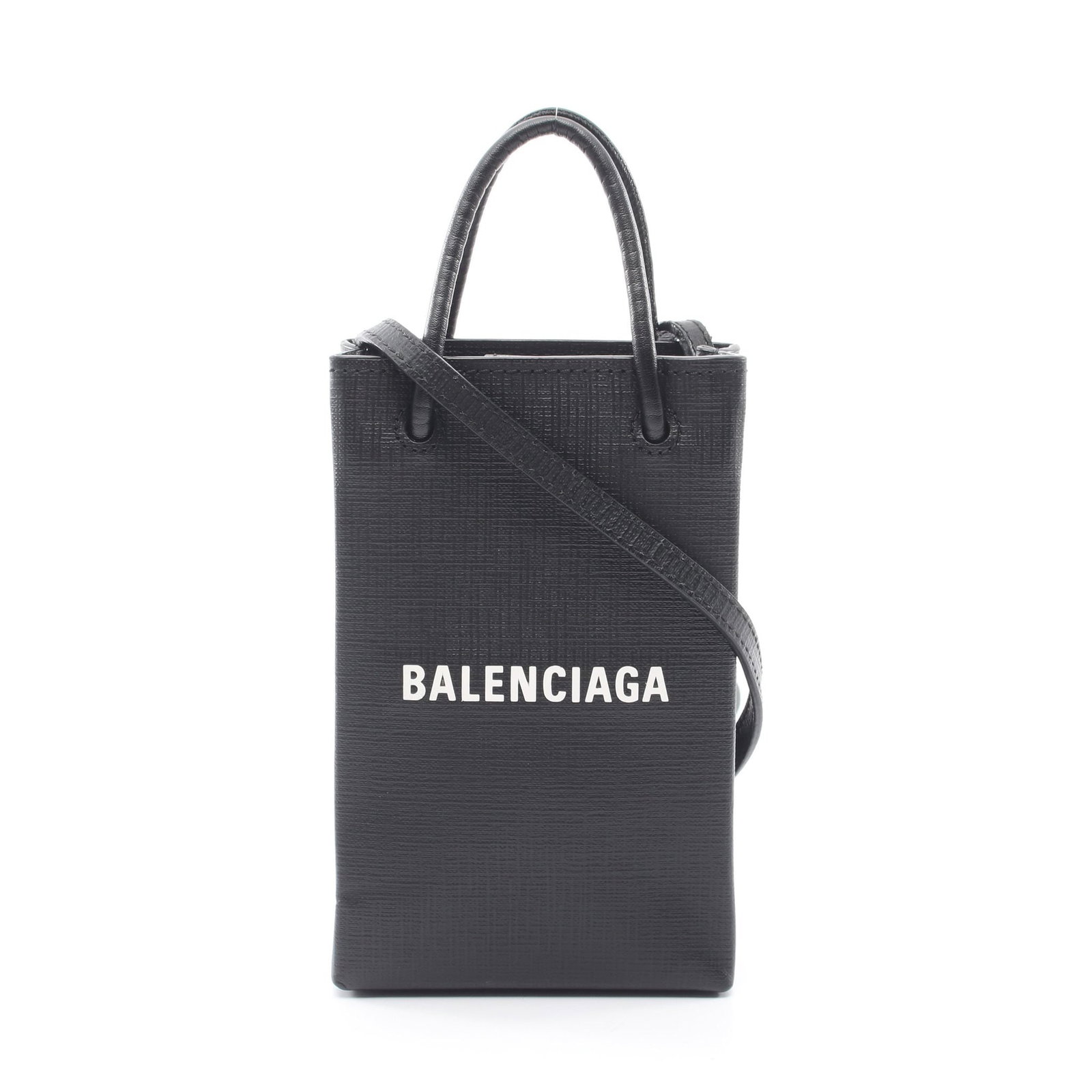 Balenciaga Phone Holder Mini: Black leather mini 2-way tote bag.