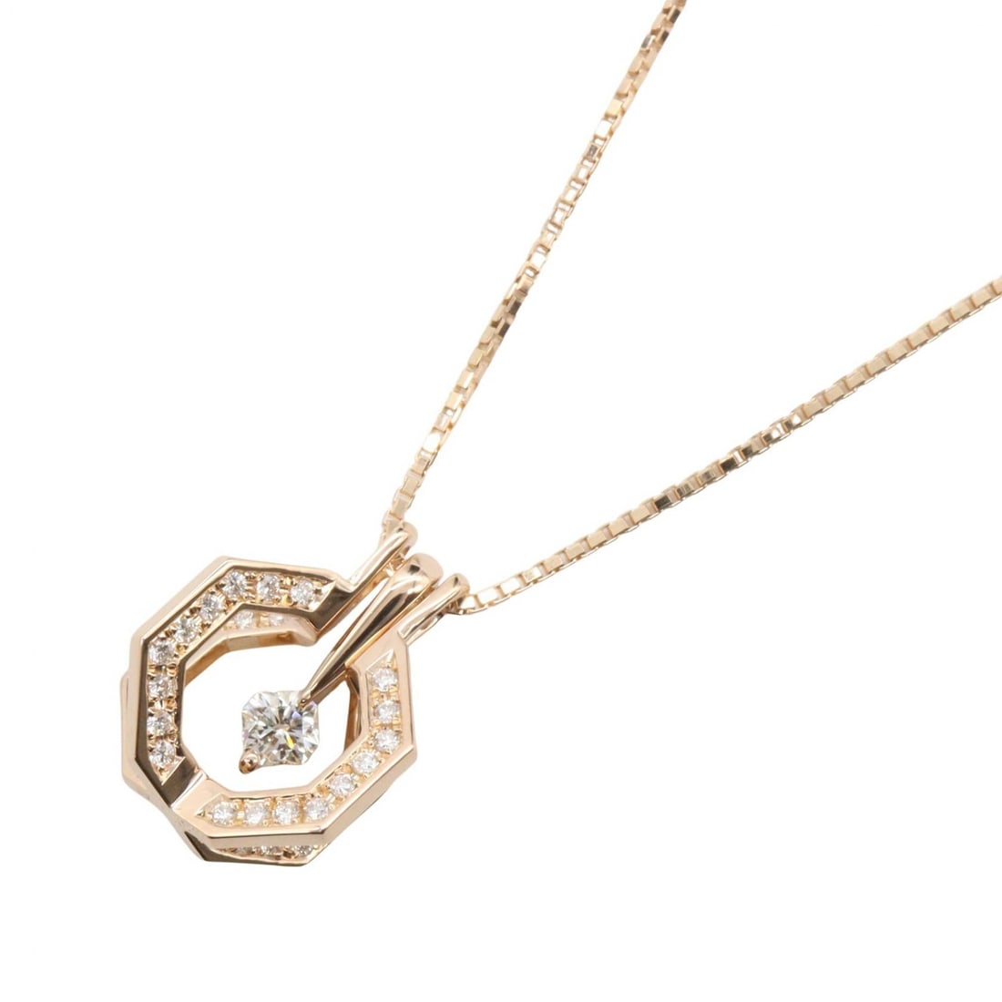 Diamond Necklace 18K Pink Gold: Pink gold and clear diamond necklace in K18PG; length 44.5cm; charm 1.8 x 1.3cm.