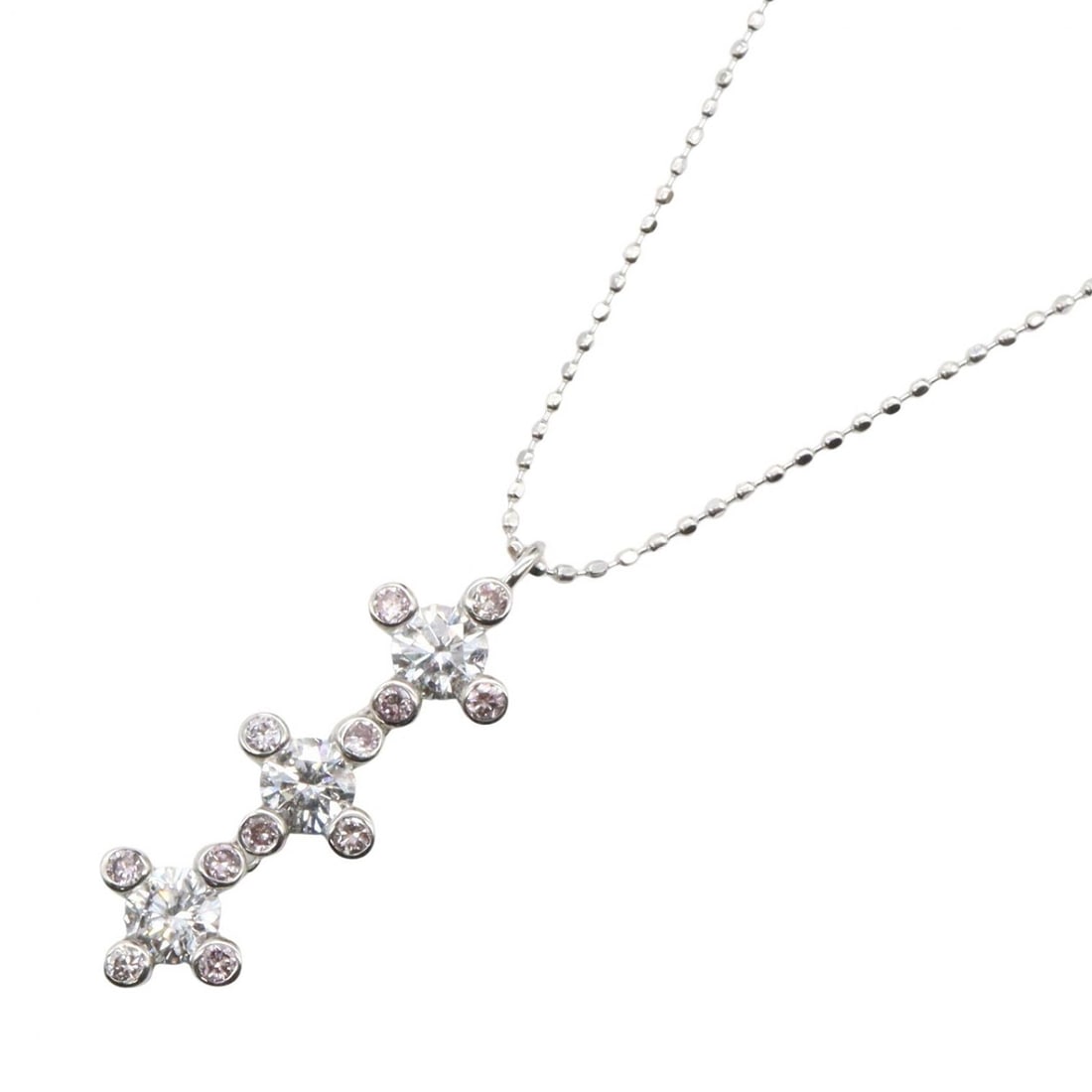 Diamond Necklace 18K White Gold: White gold, pink, and clear diamond necklace in K18WG; length 45cm; charm 2.2 x 0.7cm.