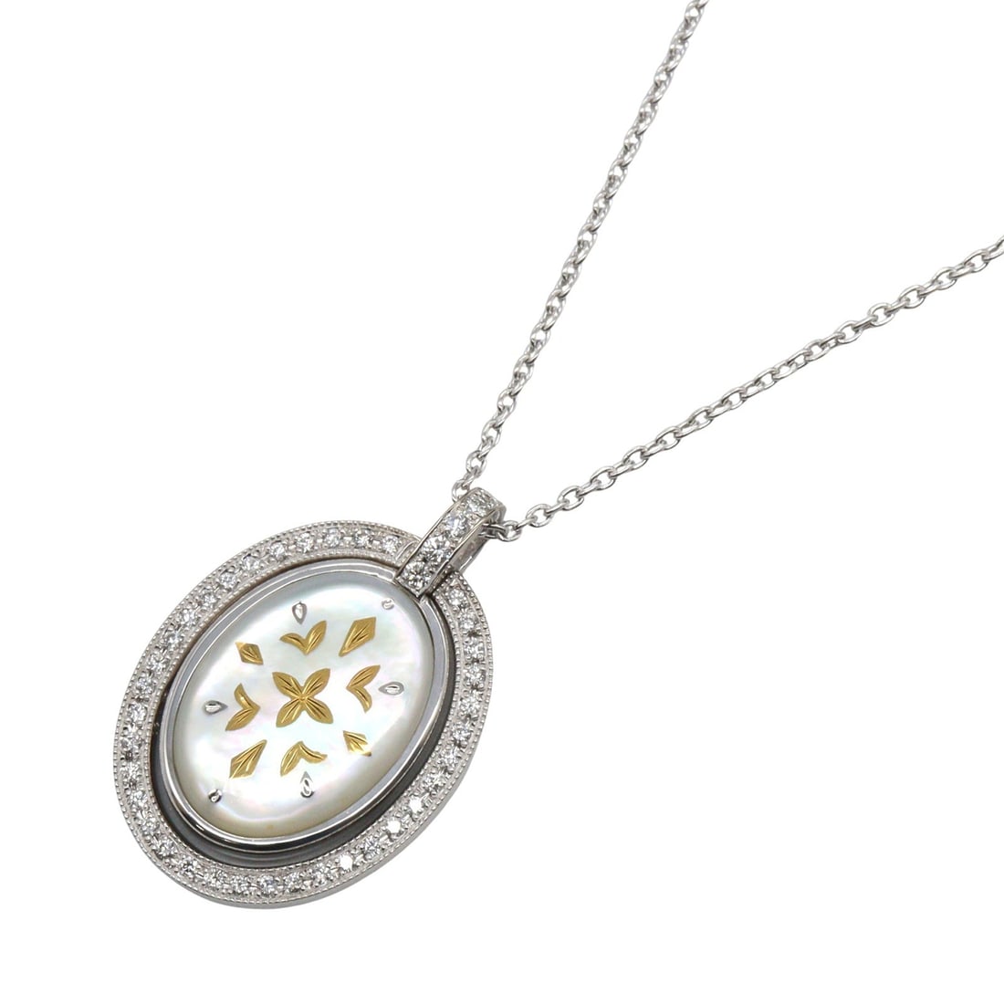 Mikimoto Phikwe Reversible MOP K18WG Necklace: MIKIMOTO Phikwe Reversible necklace in K18WG with mother of pearl and diamond. White gold, white, and clear color. Length 42.5cm; charm 3.6 x 2.1cm. Accessories: none.