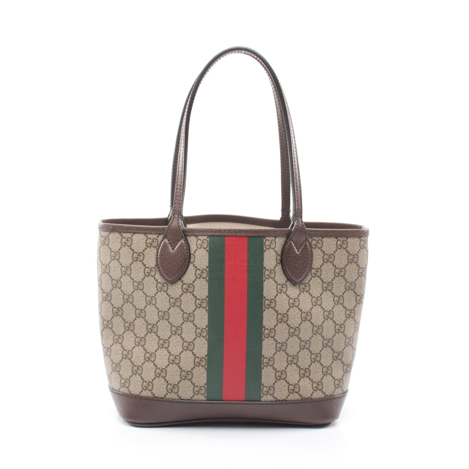 Gucci Ophidia Small Tote Beige/Brown: Gray beige and brown GG Supreme tote in PVC and leather.