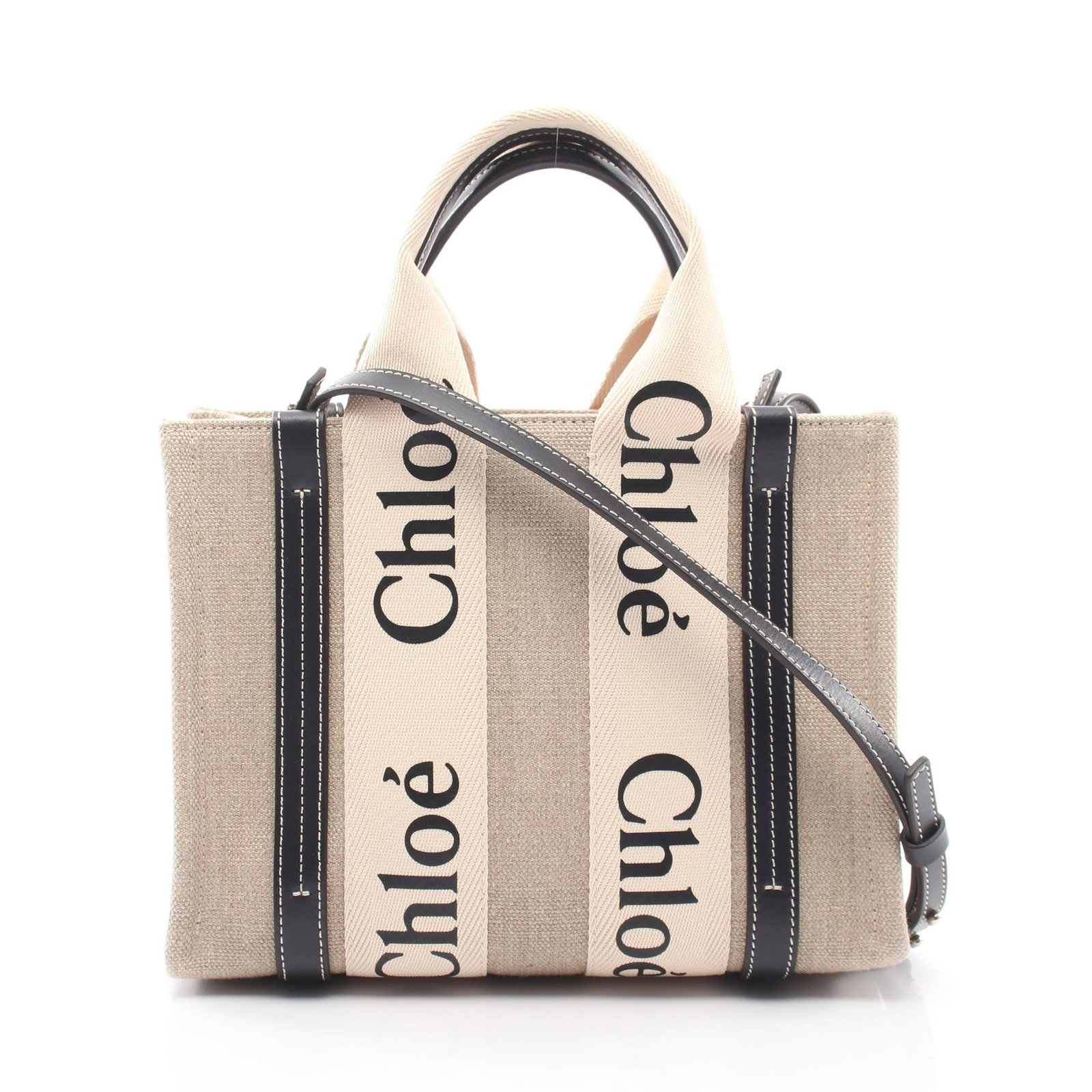 Chloe Woody Small 2-Way Tote Beige: Beige and black canvas and leather tote with shoulder strap.