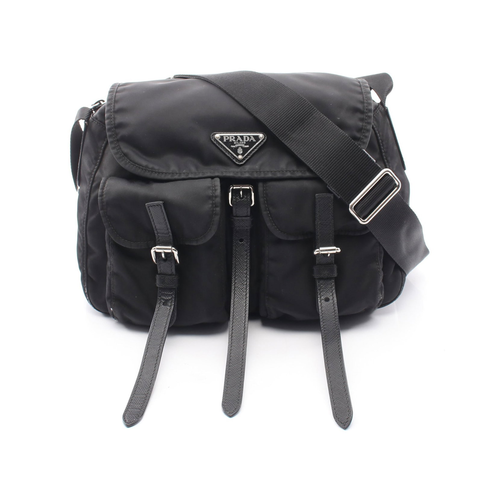 Prada Triangle Logo Shoulder Black: Black nylon and Saffiano leather shoulder bag.